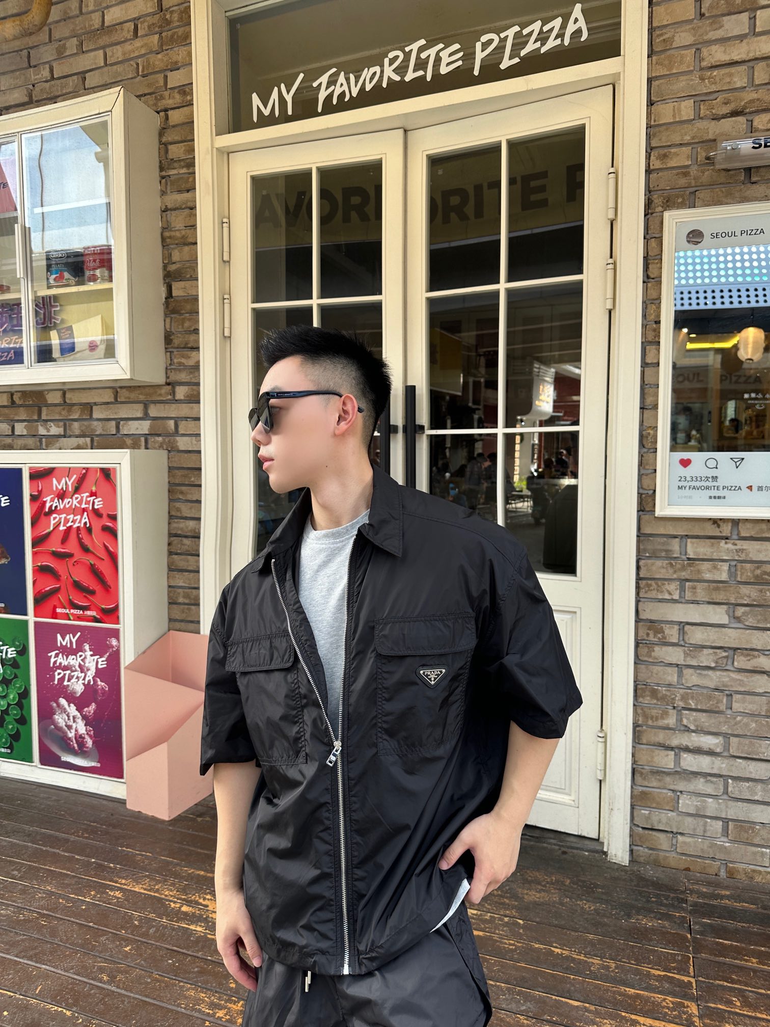 Prada /普拉达 经典口袋三角徽标拉链短袖 上身效果#