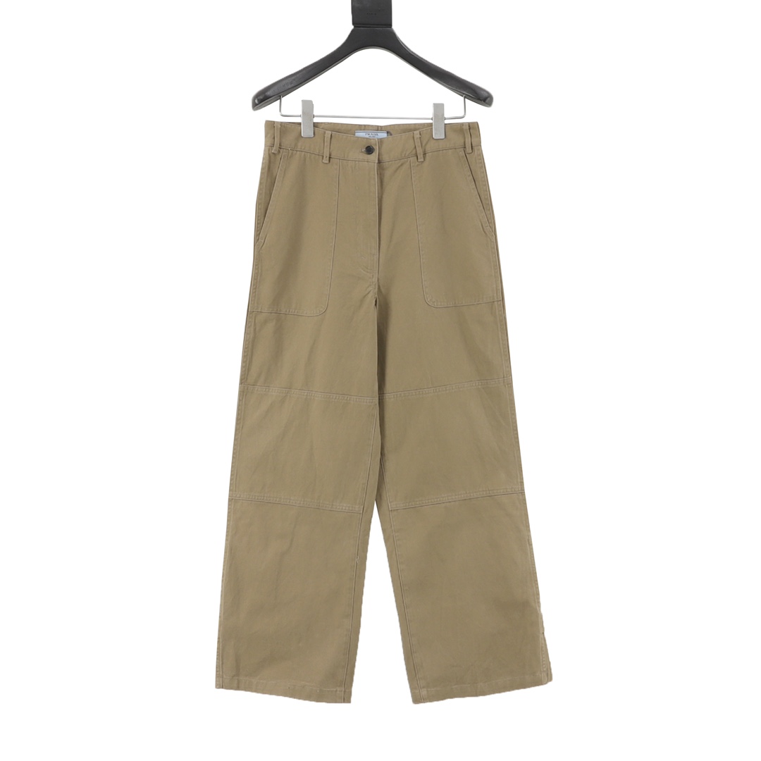 Pantalón ancho PRADA PRD de sarga caqui con cremallera, comprado en 12815, tela genuina de sarga de algodón teñida a me…