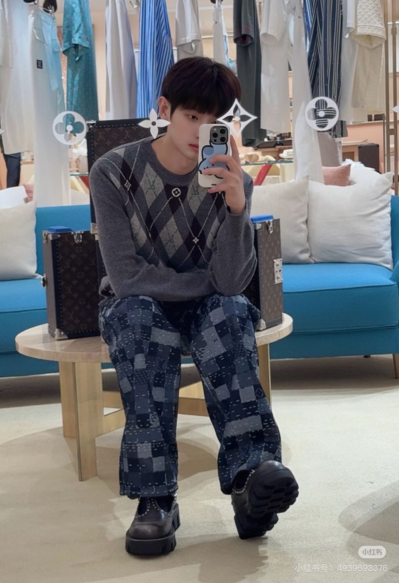 LOUIS VUITTON X Nigo LV联名款 补丁马赛克格子套装牛仔长裤 上身效果#