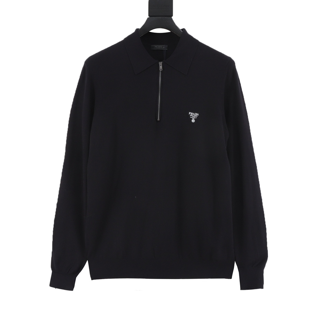 Polo de manga larga de punto con media cremallera bordado Prada/Prada, terciopelo ultrafino 80 tejido a medida, utiliza…
