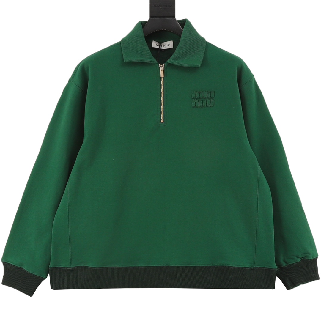 Miu Miu/Miu Miu 25Fw Sudadera con cuello deportivo y media cremallera con letras de parche Usa un espacio sim…