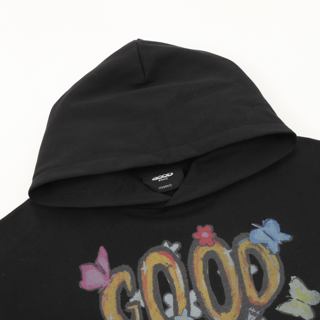 GOODBRAND25SS蝴蝶鲜花与剪刀蜡笔画连帽卫衣 黑色 灰色