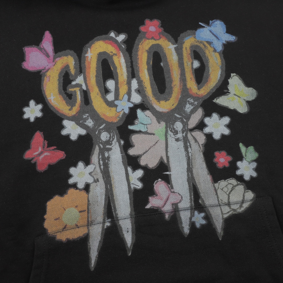 GOODBRAND25SS蝴蝶鲜花与剪刀蜡笔画连帽卫衣 黑色 灰色