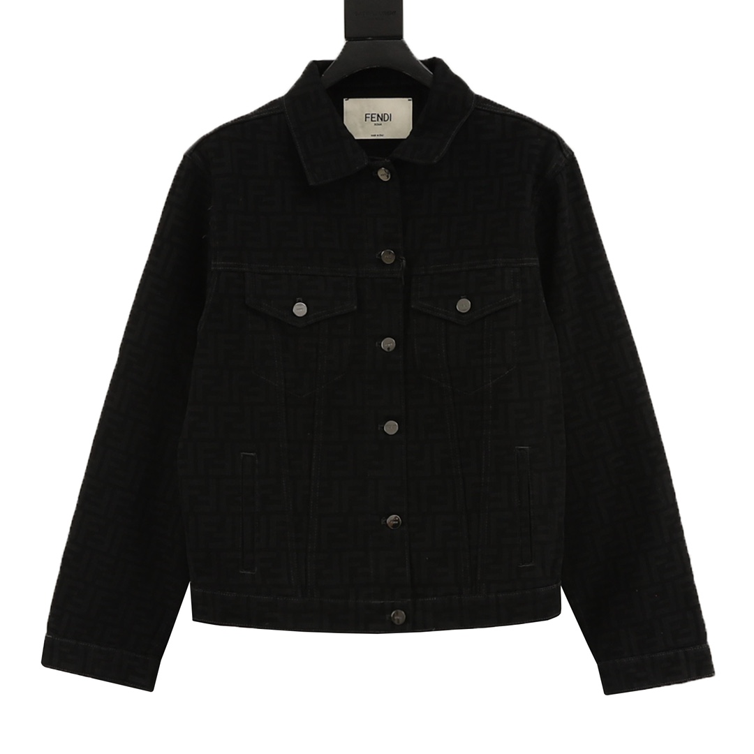 FENDI芬迪FD conjunto de chaqueta vaquera con estampado FF completo, tejido vaquero personalizado de tejido apretado negro…