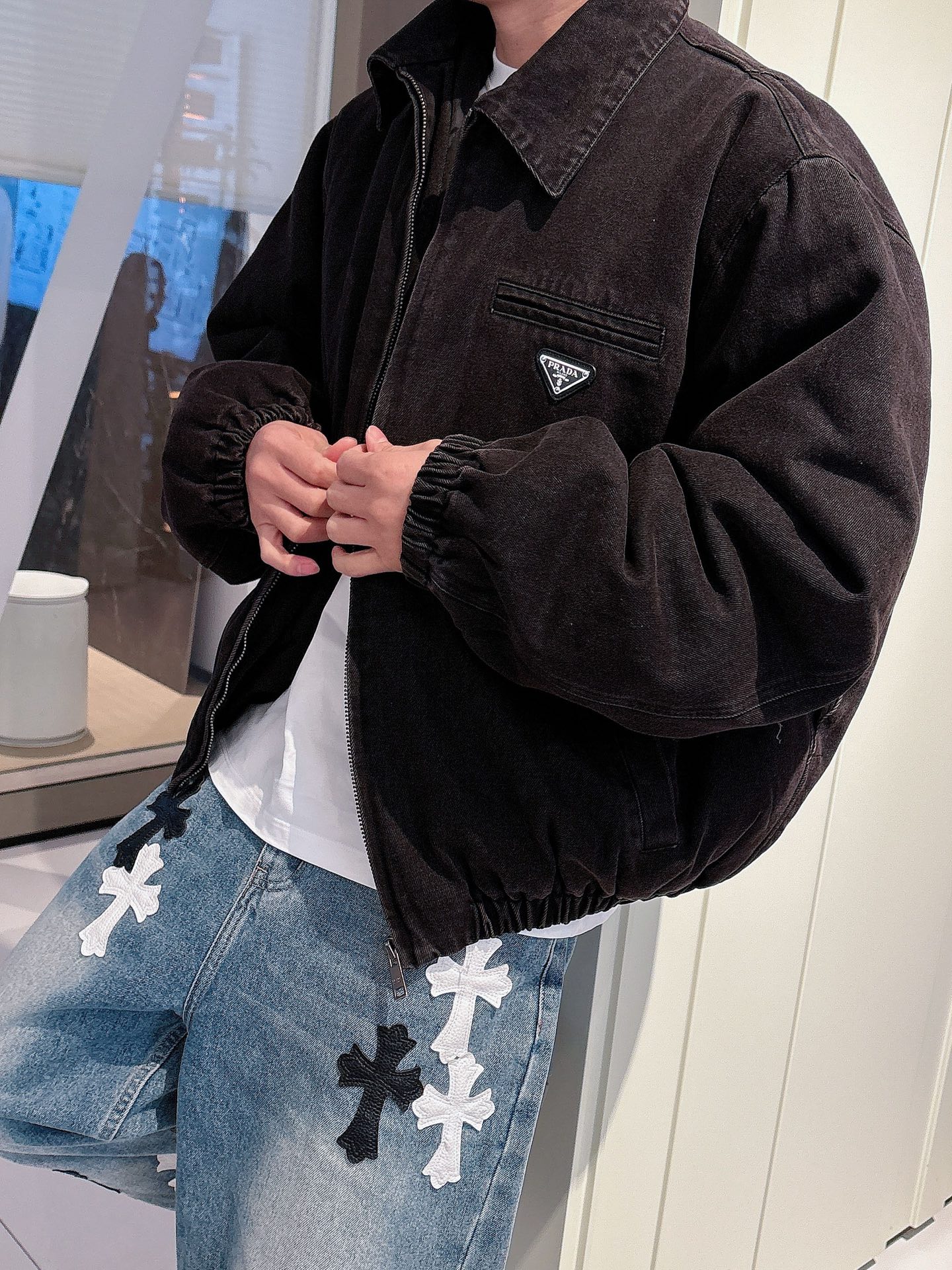 模特图高版本 PRAD 新款🌟经典三角徽标洗水做旧牛仔棉衣外套🔥洗水效果完美还原 细节对版 百搭爆款💥💥