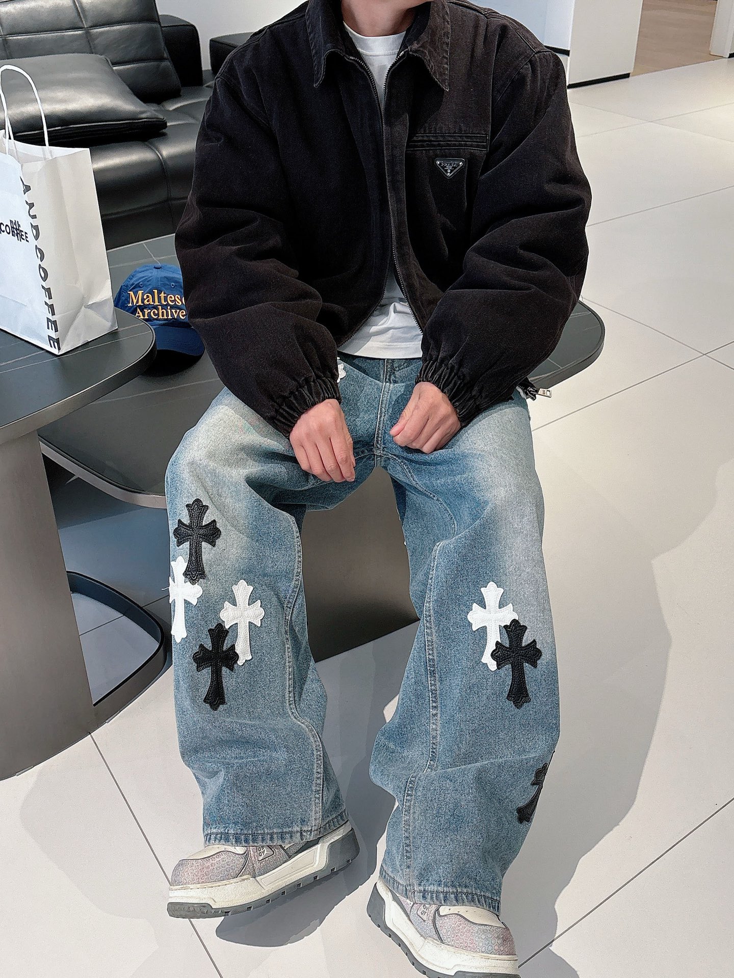 模特图高版本 PRAD 新款🌟经典三角徽标洗水做旧牛仔棉衣外套🔥洗水效果完美还原 细节对版 百搭爆款💥💥