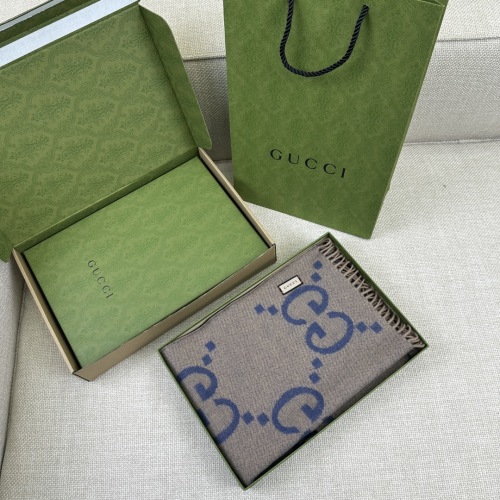 Gucci Blue and Beige Cashmere Jacquard Scarf with GG Motif - 200x45cm
