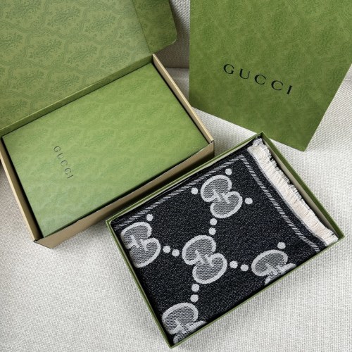 Gucci Jacquard Wool Scarf, 45x195cm, GG Pattern, Silver and Gold Accents