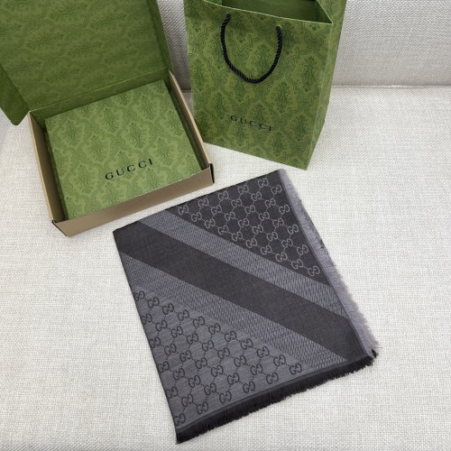 Gucci Wool Silk Blend Scarf 140x140cm - Gray Monogram & Stripe Design 1 Gucci Wool Silk Blend Scarf 140x140cm - Gray Monogram & Stripe Design