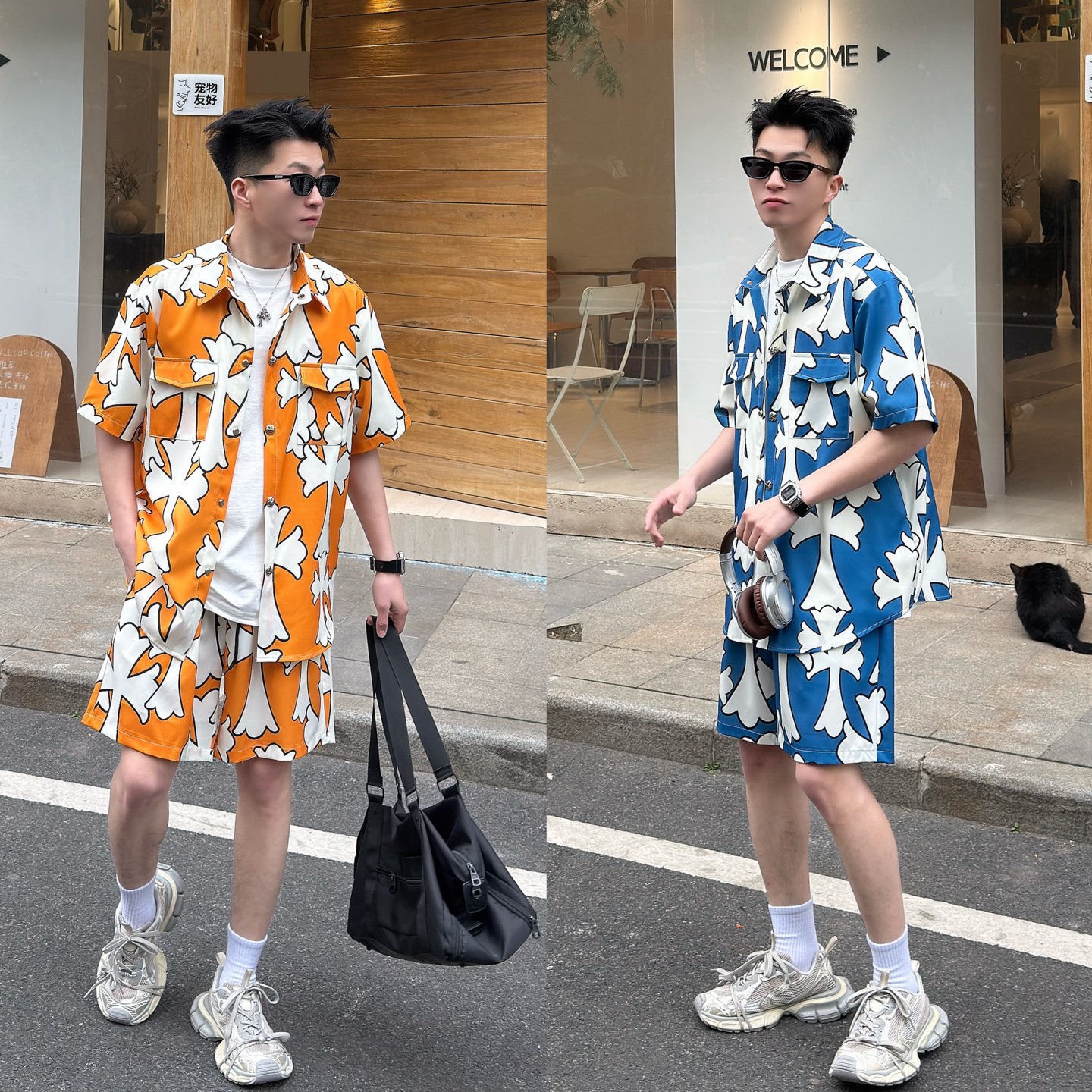 High-End Quality Hearts Iced Cotton Beach Shirts in Yellow Blue, Sizes S-XL - 图片 1