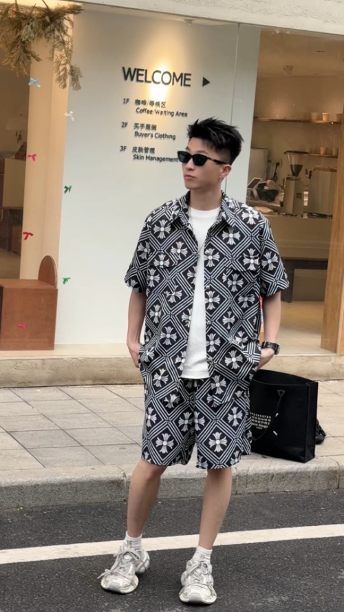 Choice Hearts Men's Ice Silk Cotton Beach Printed Short Sleeve Set