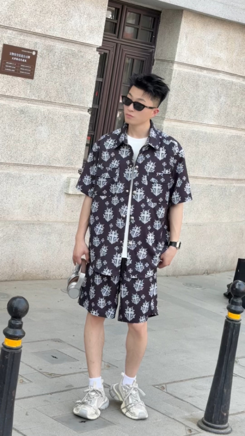Choice Hearts Cross Print Short Sleeve Shirt and Shorts Set, Summer Outfit