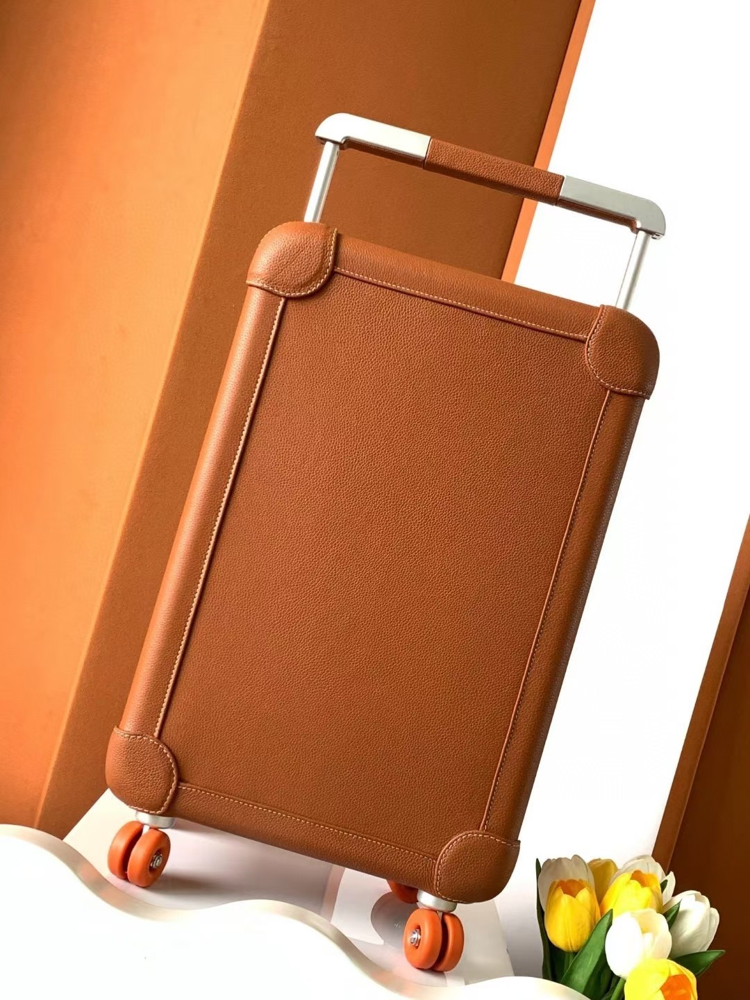 Brown Leather Cabin Luggage, 20-Inch Carry-On Suitcase with Aluminum Handle