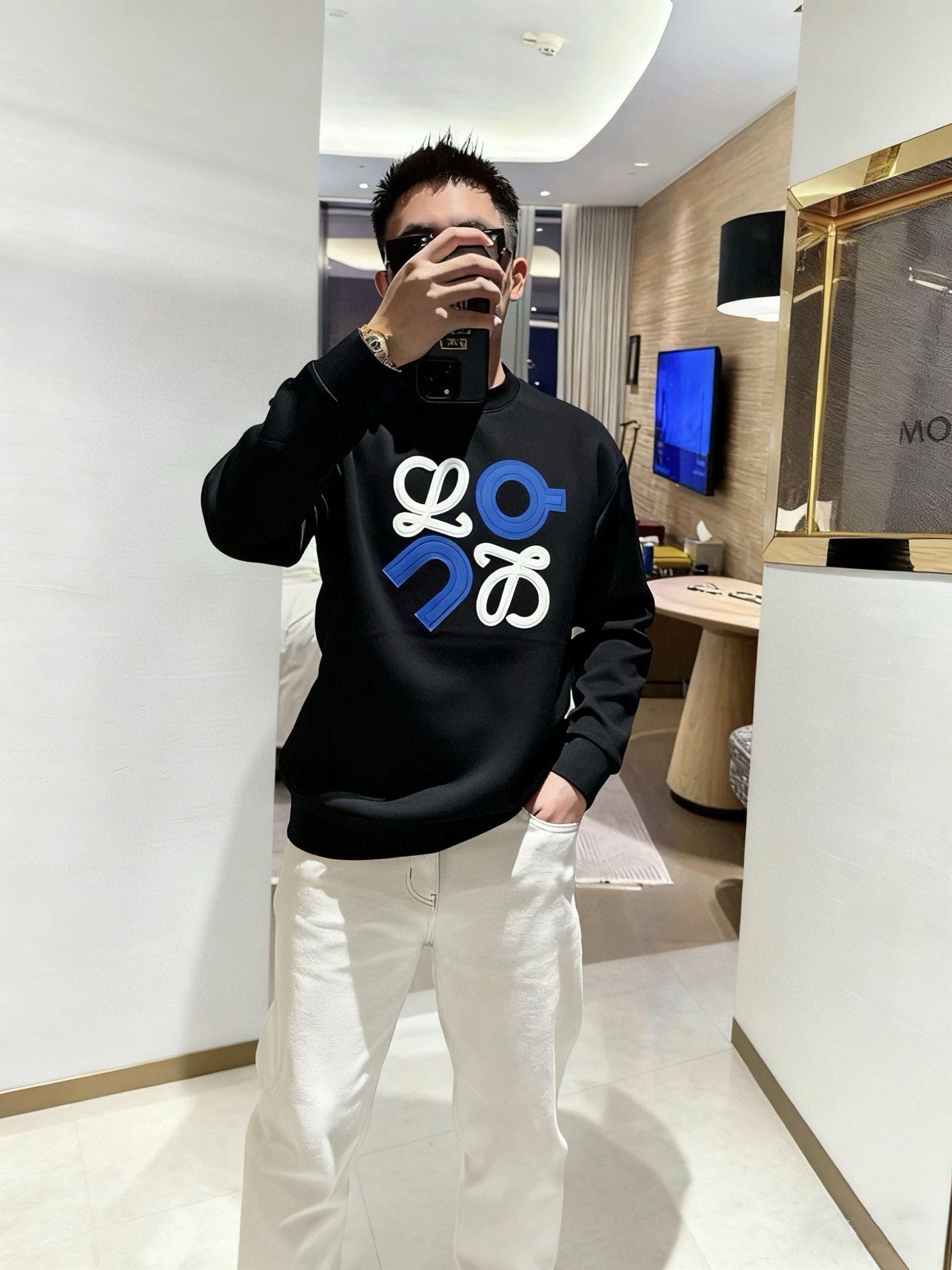 Loewe Men's Black Cotton Sweatshirt with Colorblock Logo Print