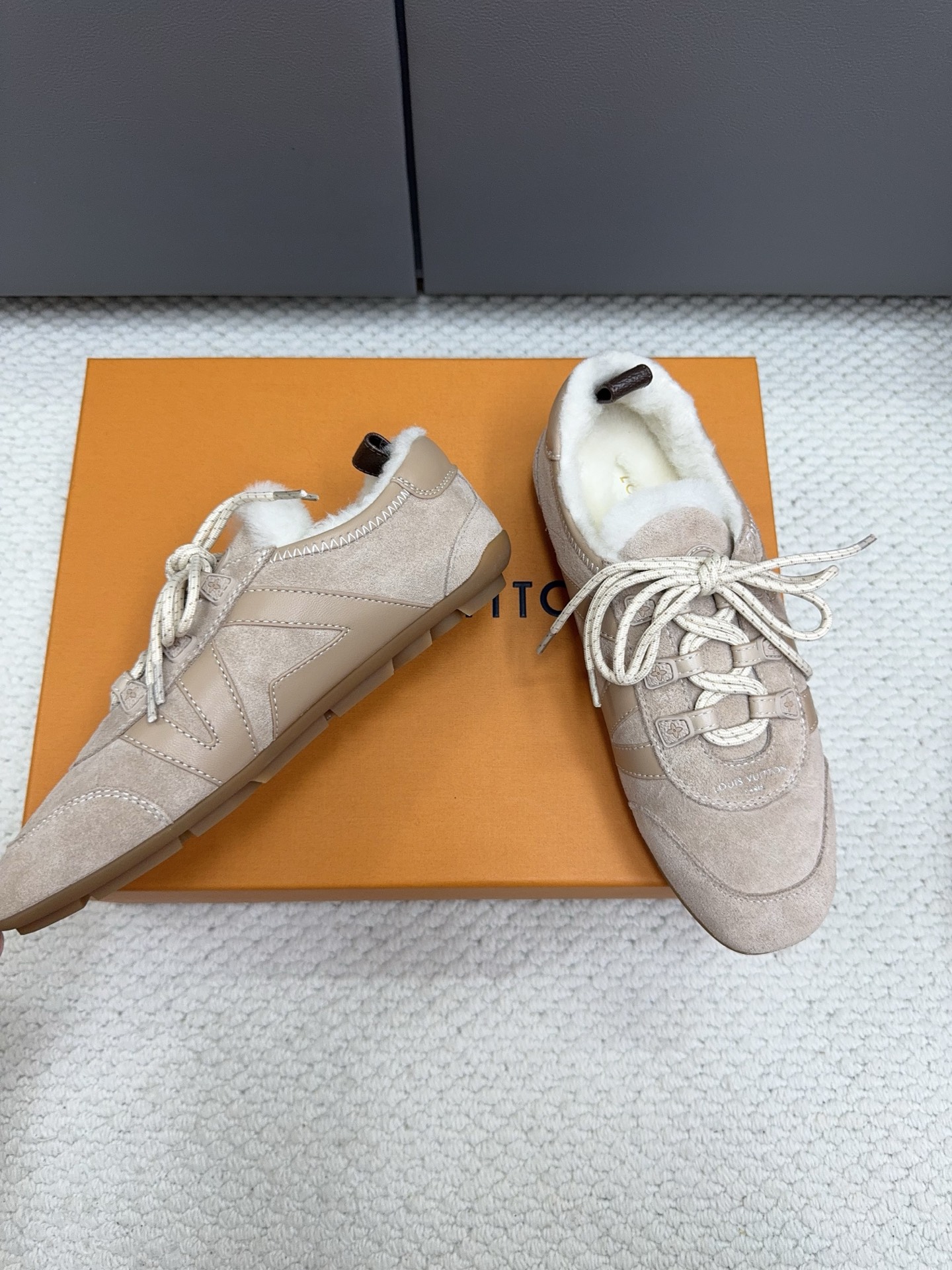 Louis Vuitton Beige Fuzzy Trim Sneakers