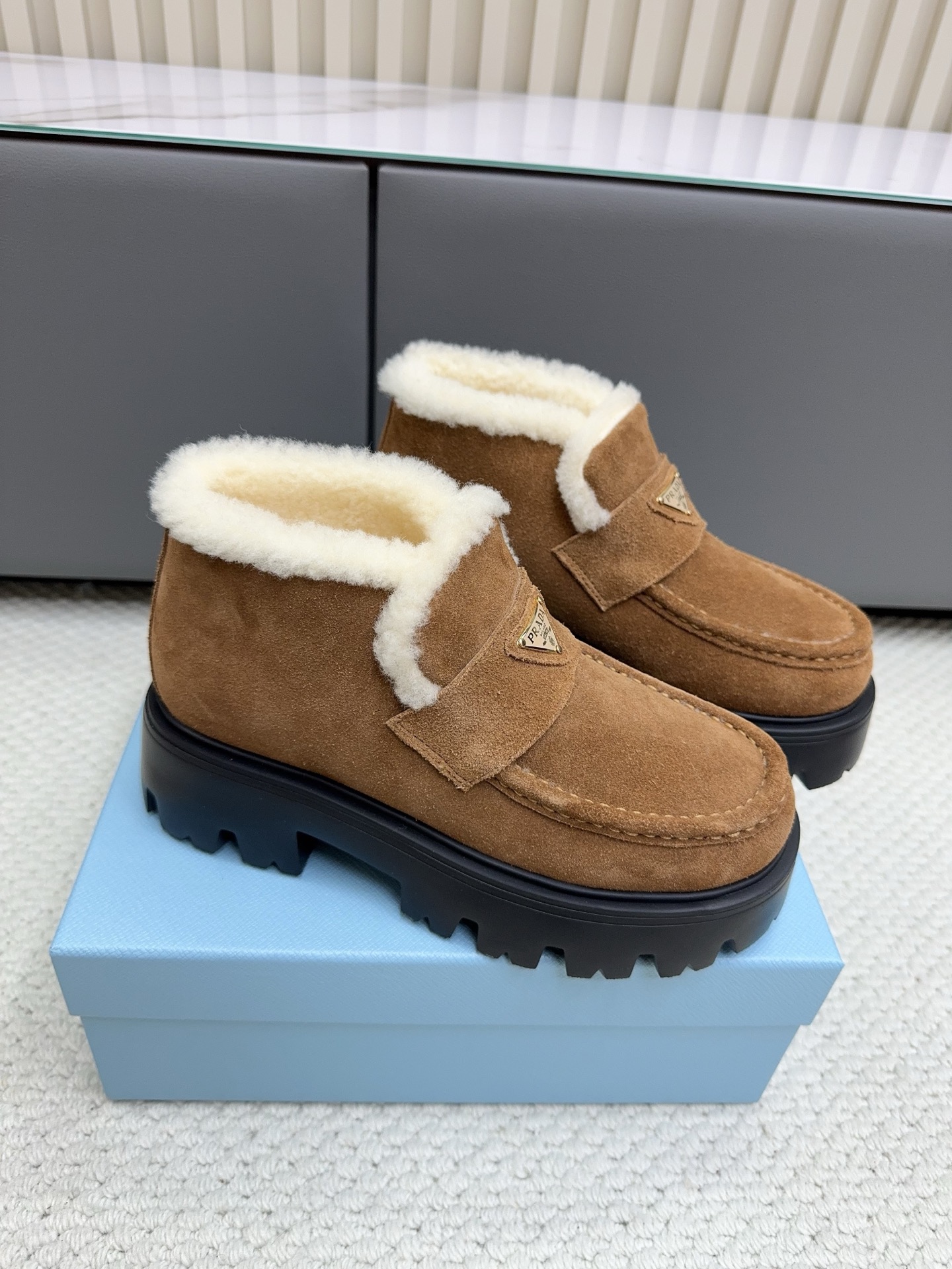 Prada Tan Fuzzy Cuff Ankle Boots