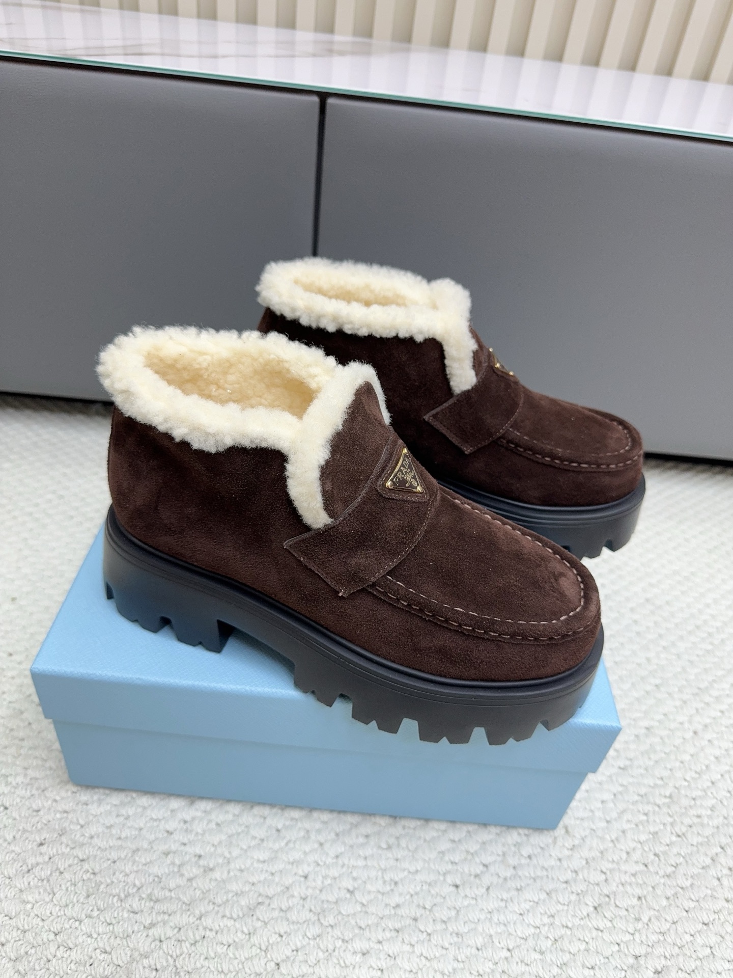Prada Brown Fuzzy Cuff Ankle Boots