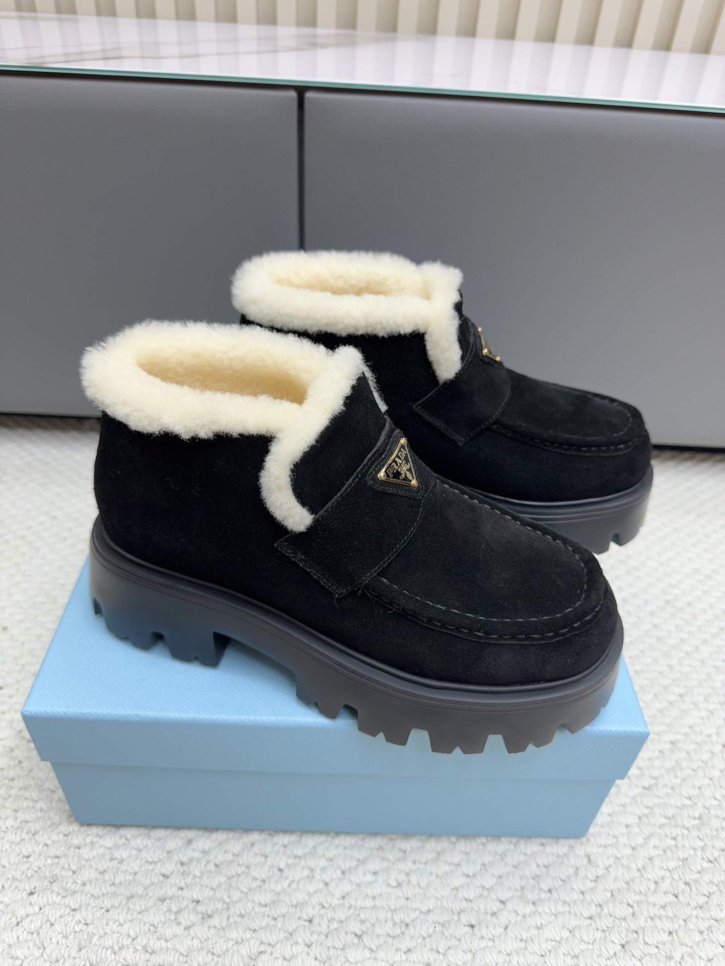 Prada Black Fuzzy Cuff Ankle Boots