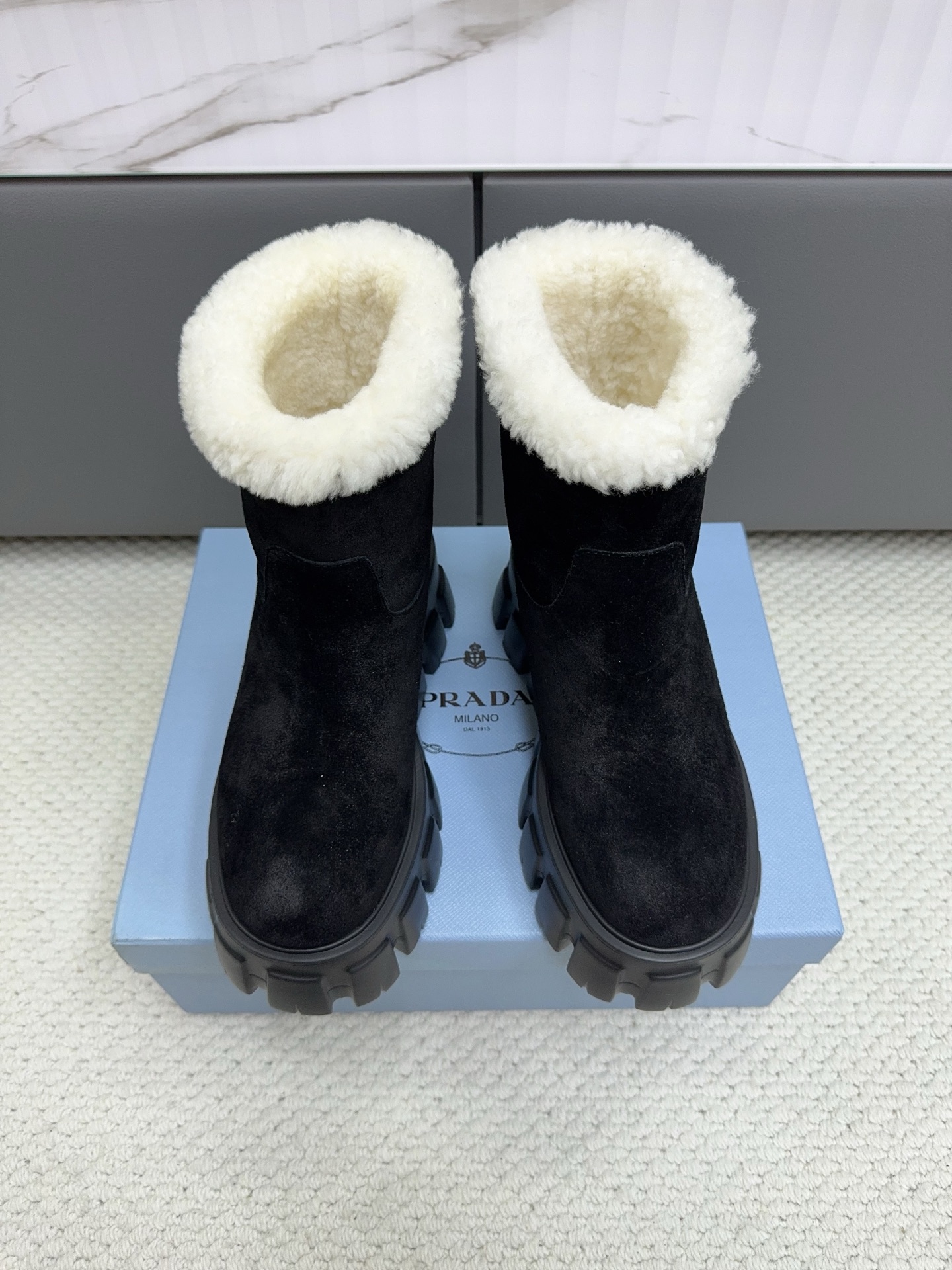 Prada Black Fuzzy Cuff Ankle Boots