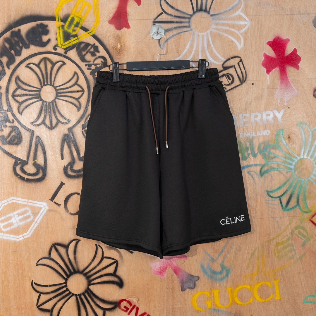 Top Version Celine/Cyleen 24SS Side-Banded Logo Shorts in Black, 320g HBs Fabric, Sizes S-XL