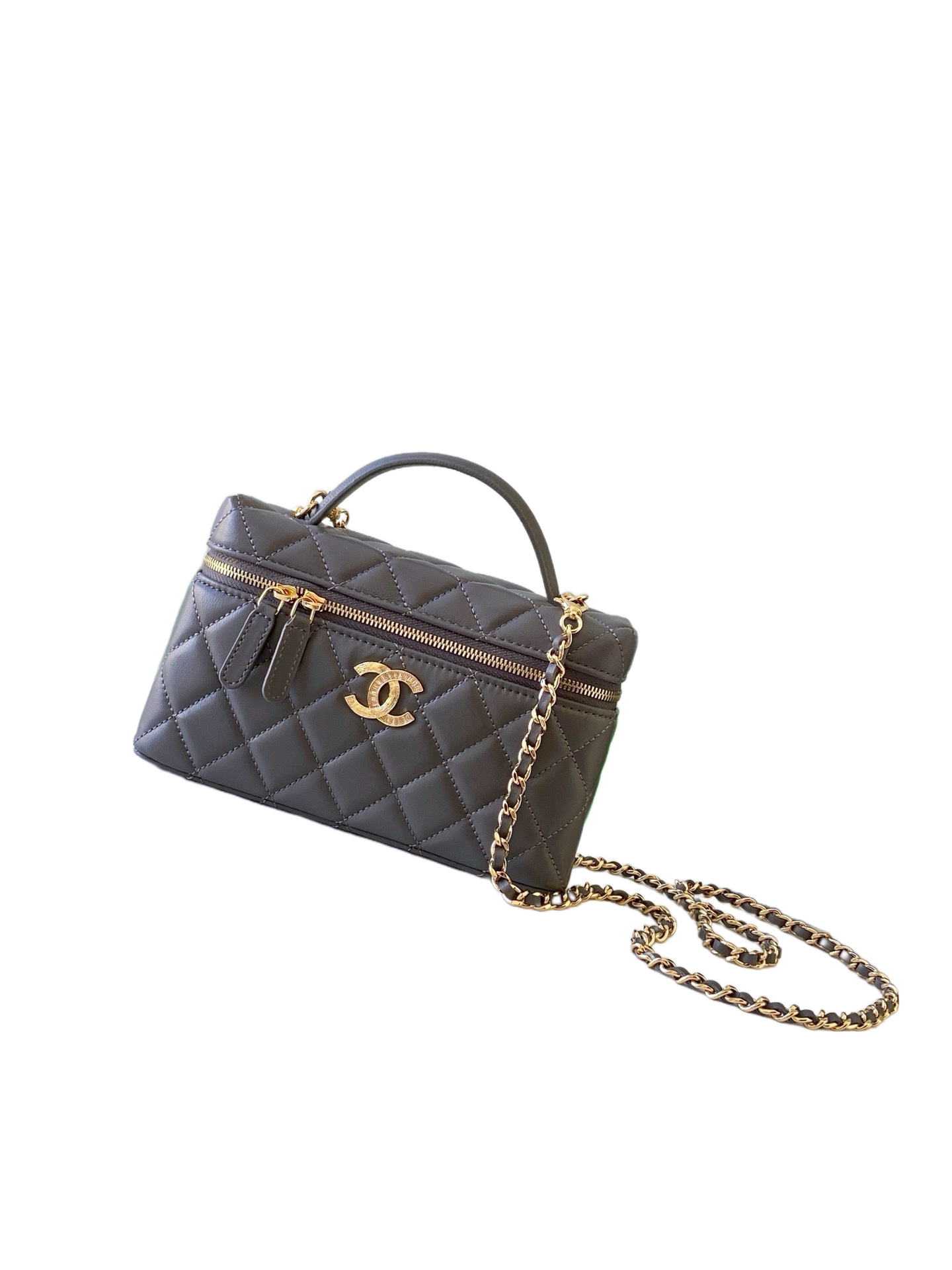 Chanel Lambskin Vanity Case with Top Handle and Chain - Dark Gray