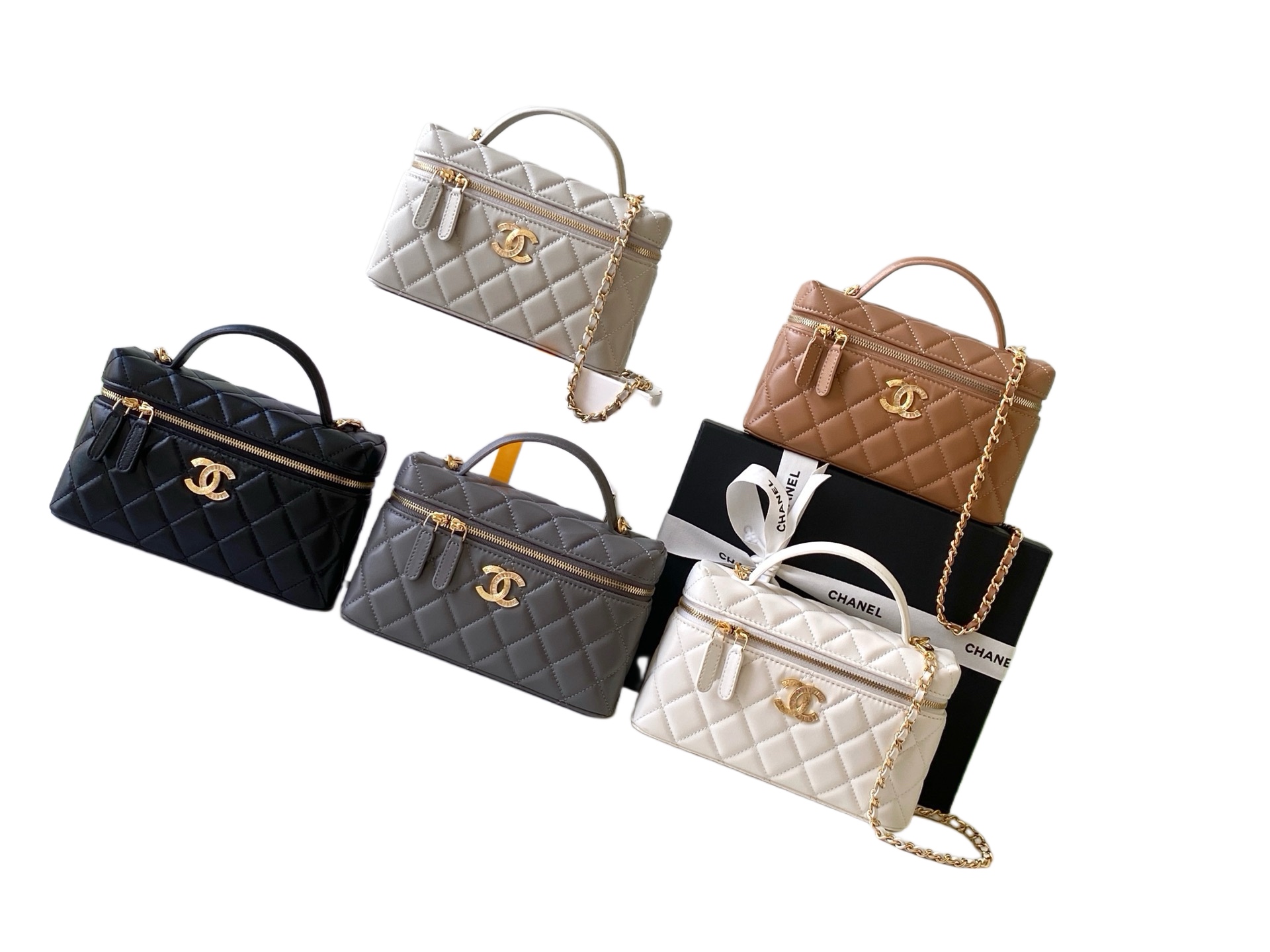 Chanel Lambskin Vanity Case with Top Handle & Detachable Chain Strap