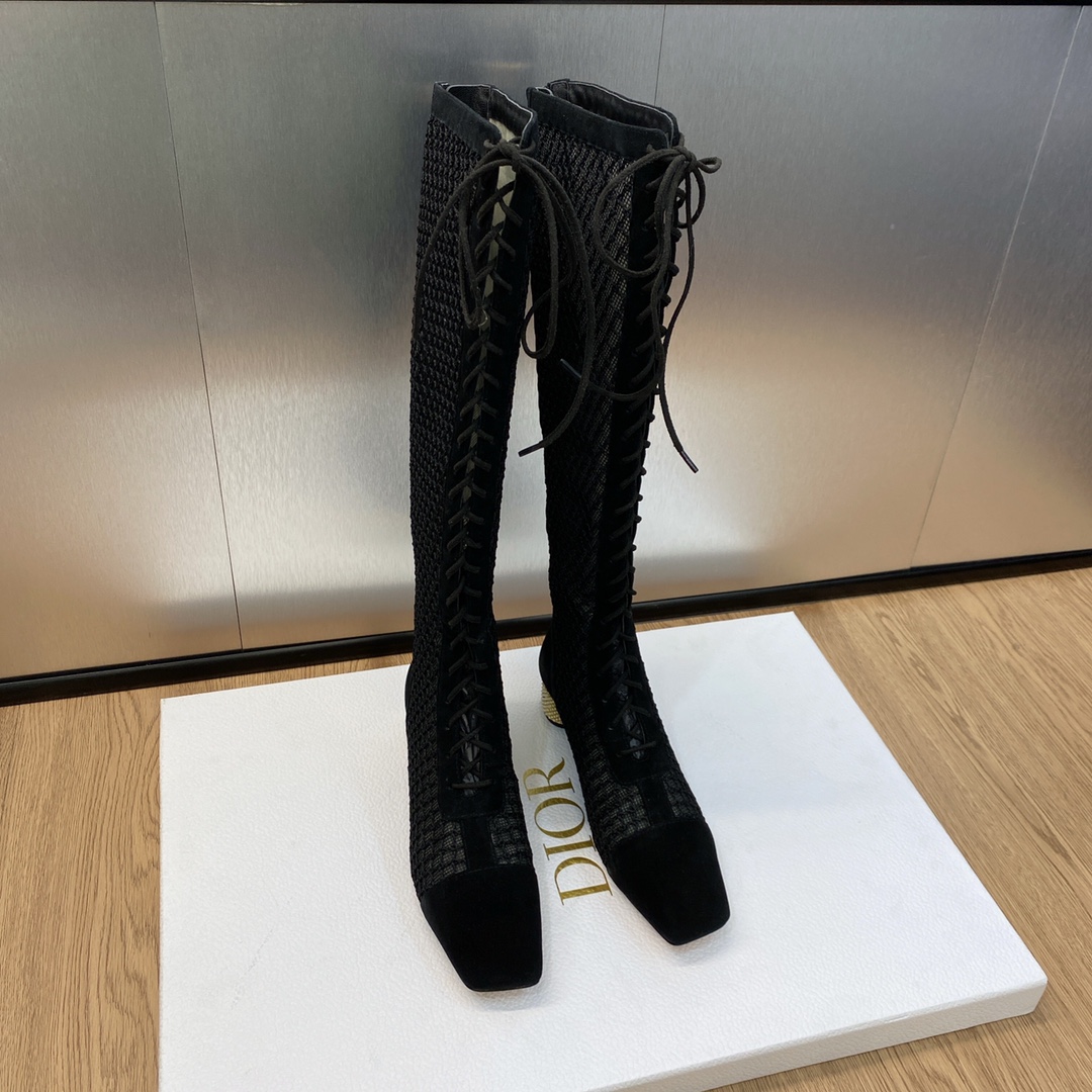 Dior 7 Star
 Long Boots Black Splicing Fabric Genuine Leather Sheepskin