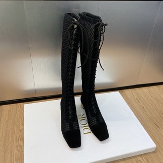 Dior 7 Star Long Boots Black Splicing Fabric Genuine Leather Sheepskin
