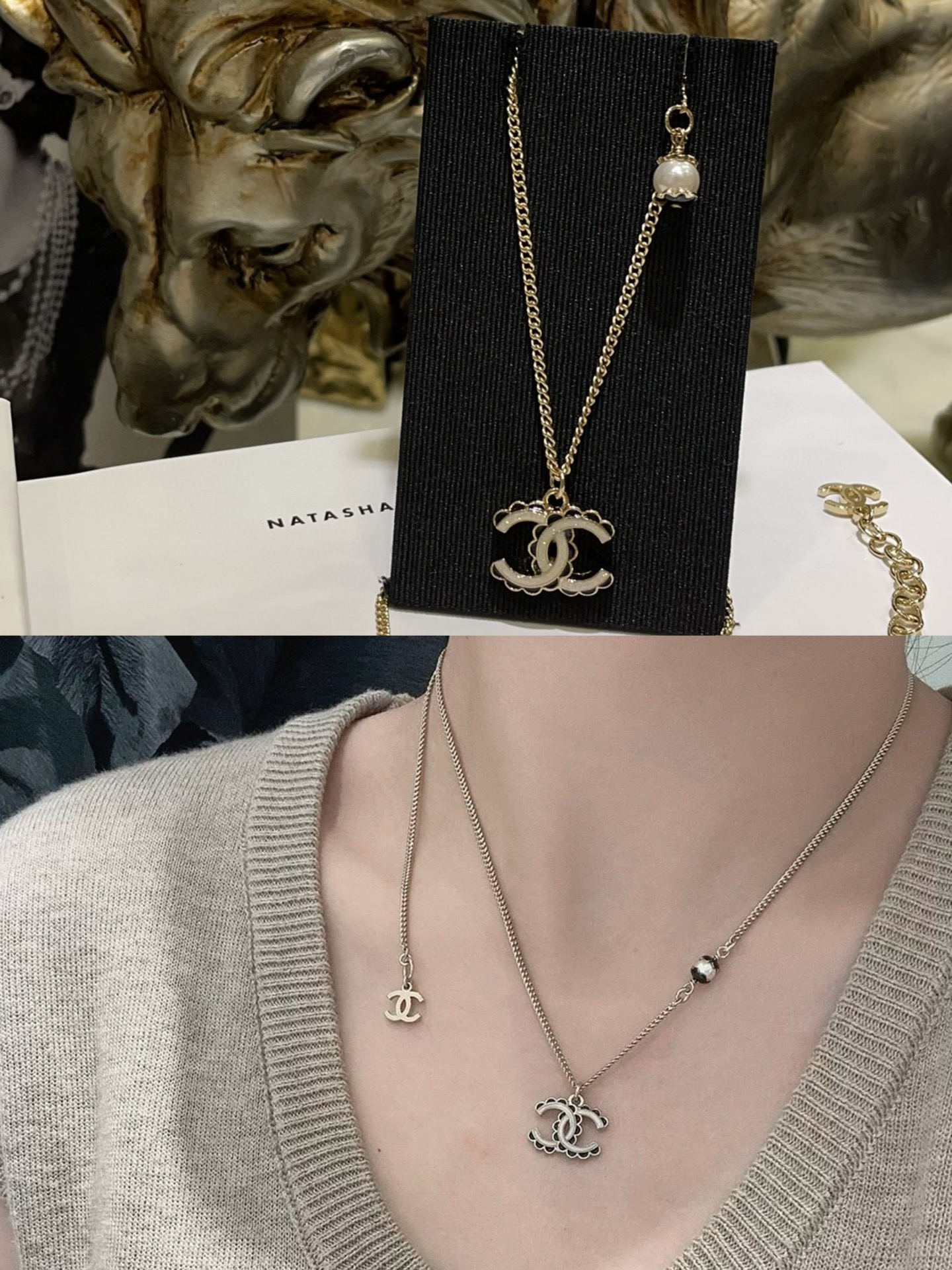 Chanel 𝑪𝒉𝒂𝒏𝒆𝒍 24B白色双C黑色珐琅花边小珍珠项链
