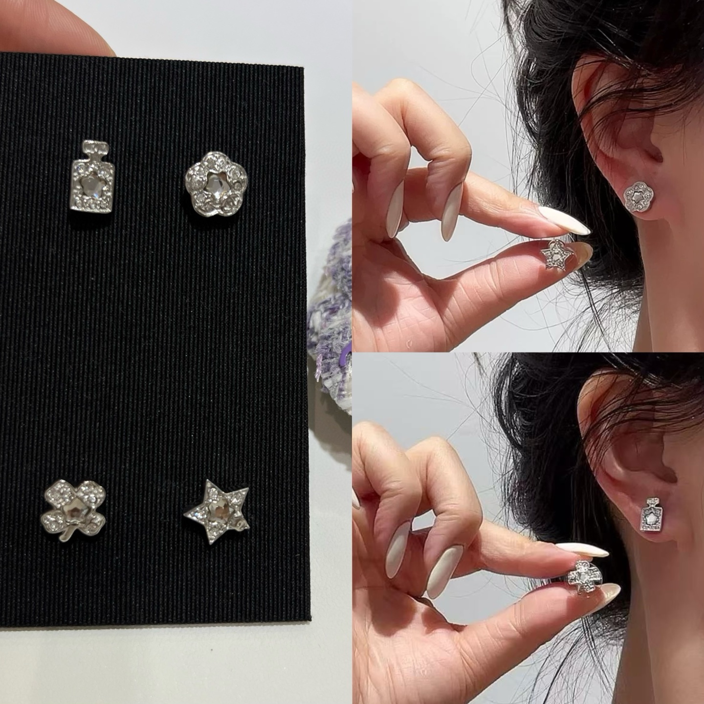 NO:634917,88180, mini four-piece set arrived today. 25 new crystal star full diamond mini small earring set. Perfume bottle, clover, star and camellia are all classic elements. A set of 4 small earrings. Buy it back and share it with your daughter and best friends~ The mini size is also very suitable for stacking and matching with multiple ear holes. yb consistent brass material, Swarovski diamonds, top version, Cartier high-end jewelry1986090988180,今日到货mini四件套 25新款水晶星星满钻迷你小耳钉套装 香水瓶·幸运草·星星·山茶花都是经典元素 一套4个小耳钉 买回去跟女儿闺蜜分享～ mini尺寸也很适合多耳洞叠戴搭配哦 yb一致黄铜材质 施华洛钻 顶级版本,,卡迪亚高端饰品,Jewelry