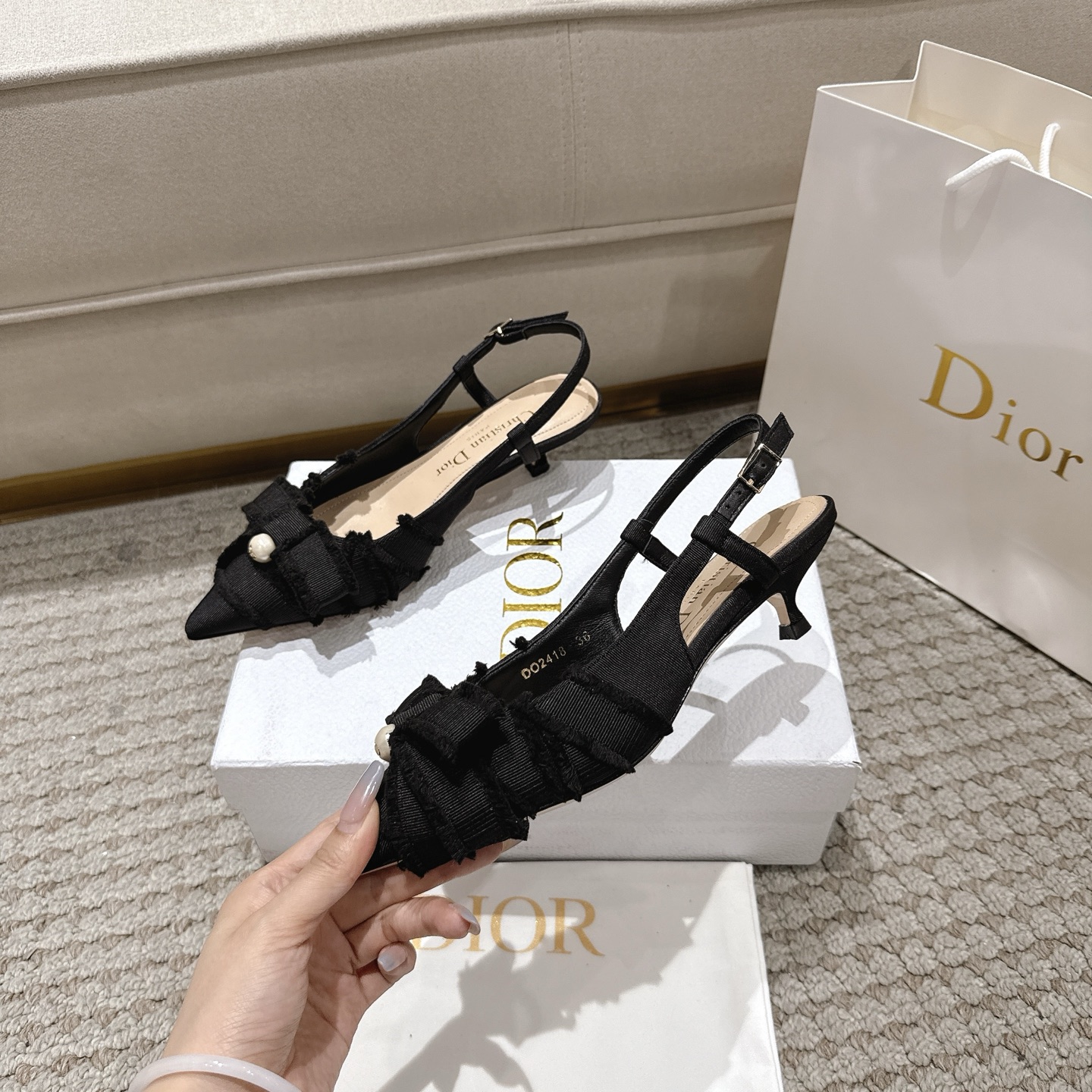 “Diorable Heels with Deconstructed Butterfly Knots and White CD Resin Pearls”