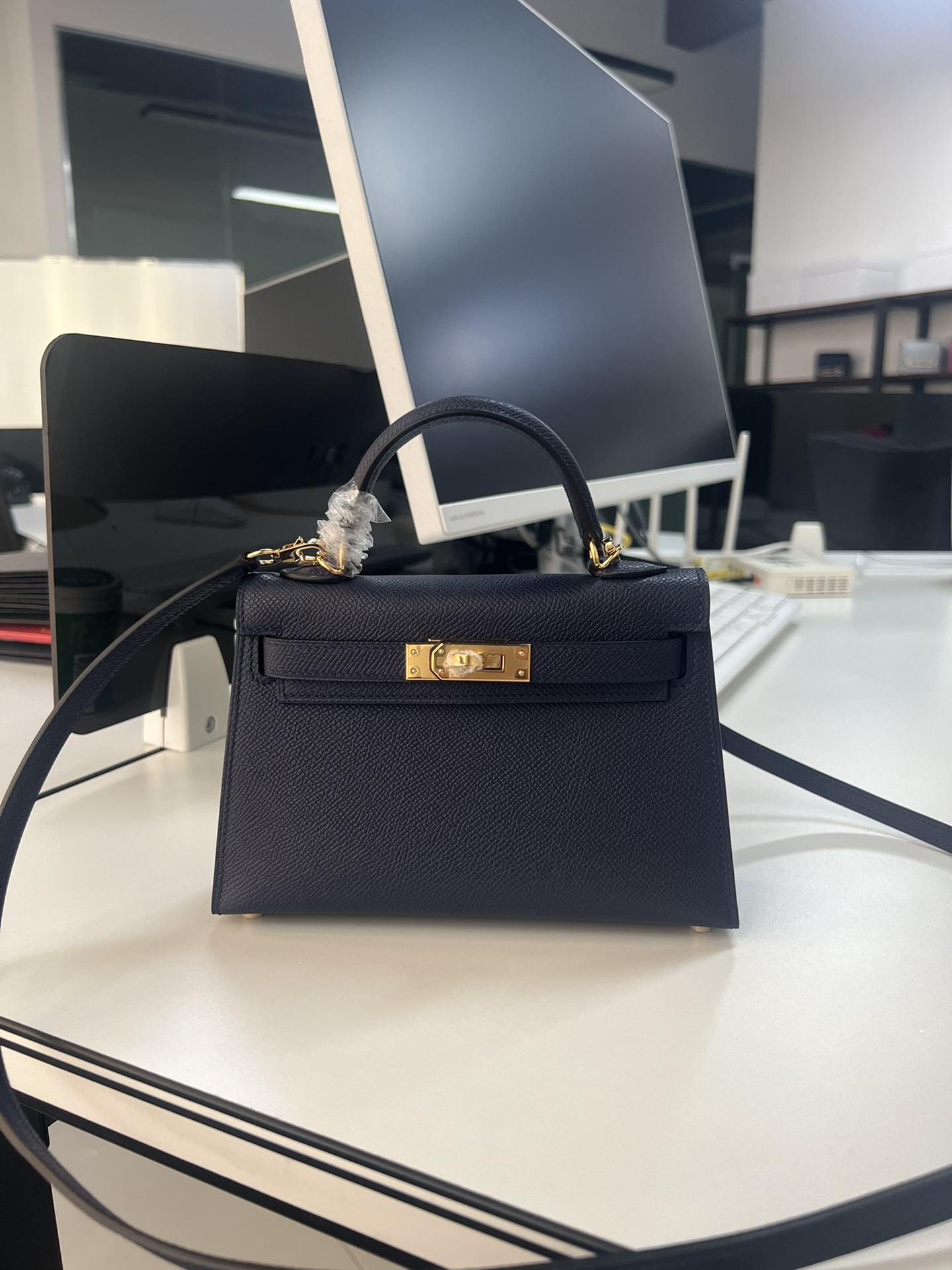 Hermès Second generation Mini Kelly 19cm waxed Epsom leather sapphire blue gold and silver