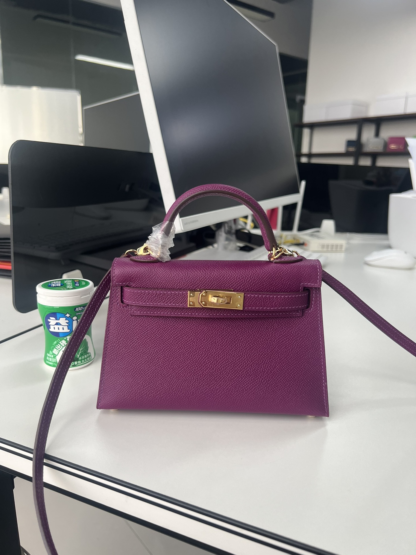 Hermès Second generation Mini Kelly 19cm waxed Epsom leather sea anemone purple gold and silver