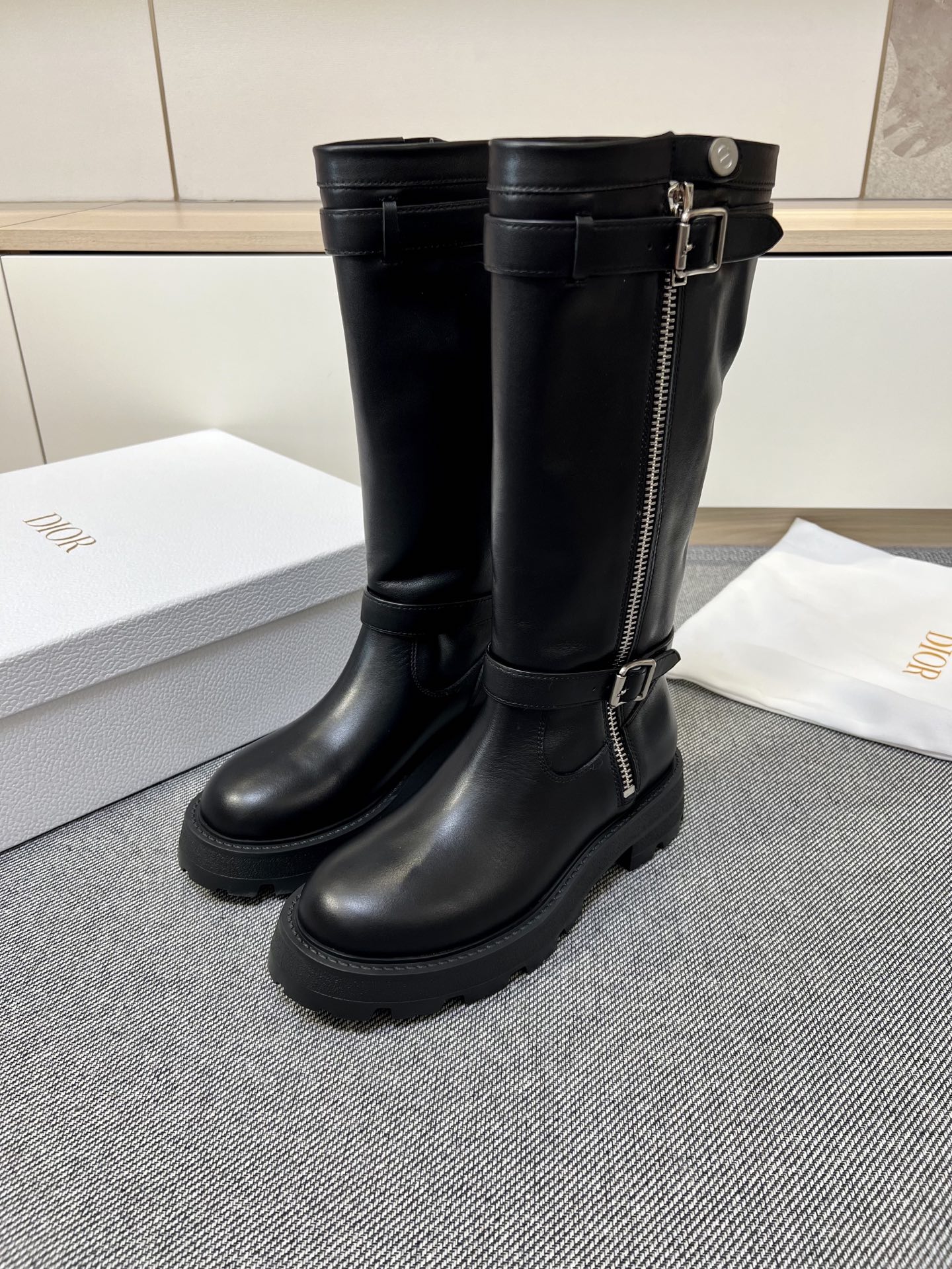 DIOR Buckle Strap Chunky Heel Long Boots - Fashionable, Versatile, Comfortable