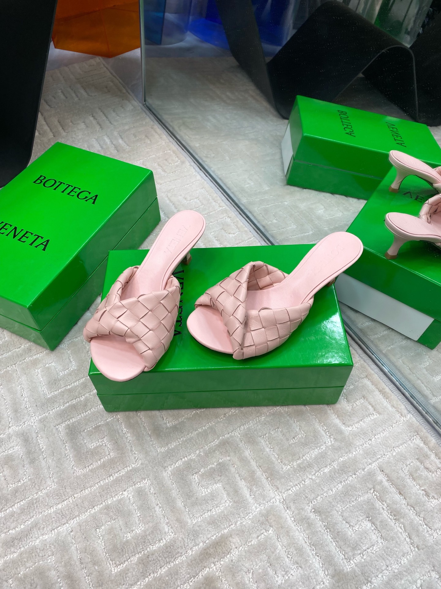 Bottega Veneta Blink Leather Woven Heeled Sandals Mules Slides, Pink 6 i1741284812638 6633 0 3