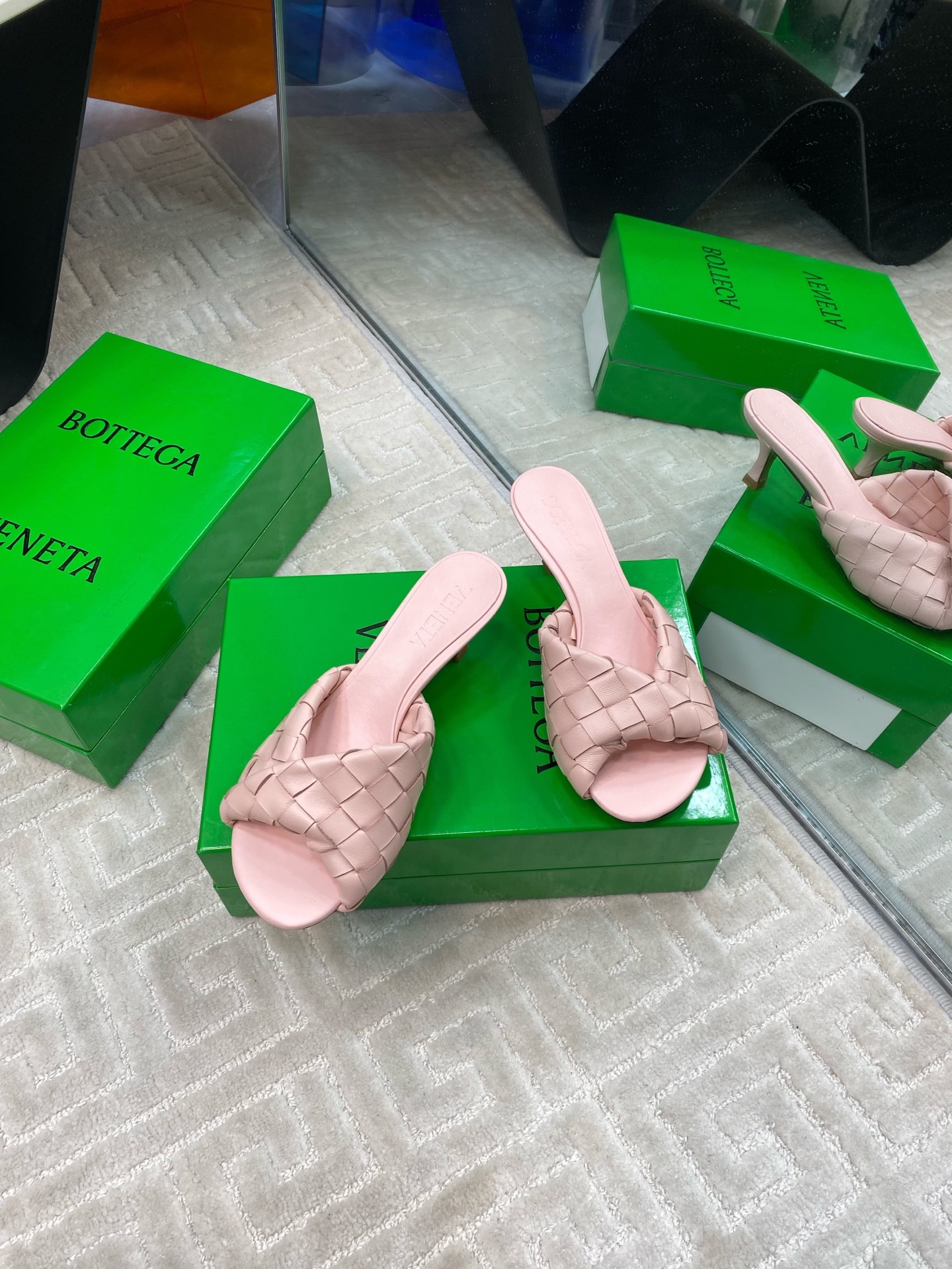 Bottega Veneta Blink Leather Woven Heeled Sandals Mules Slides, Pink 4 i1741284812653 7300 0 1