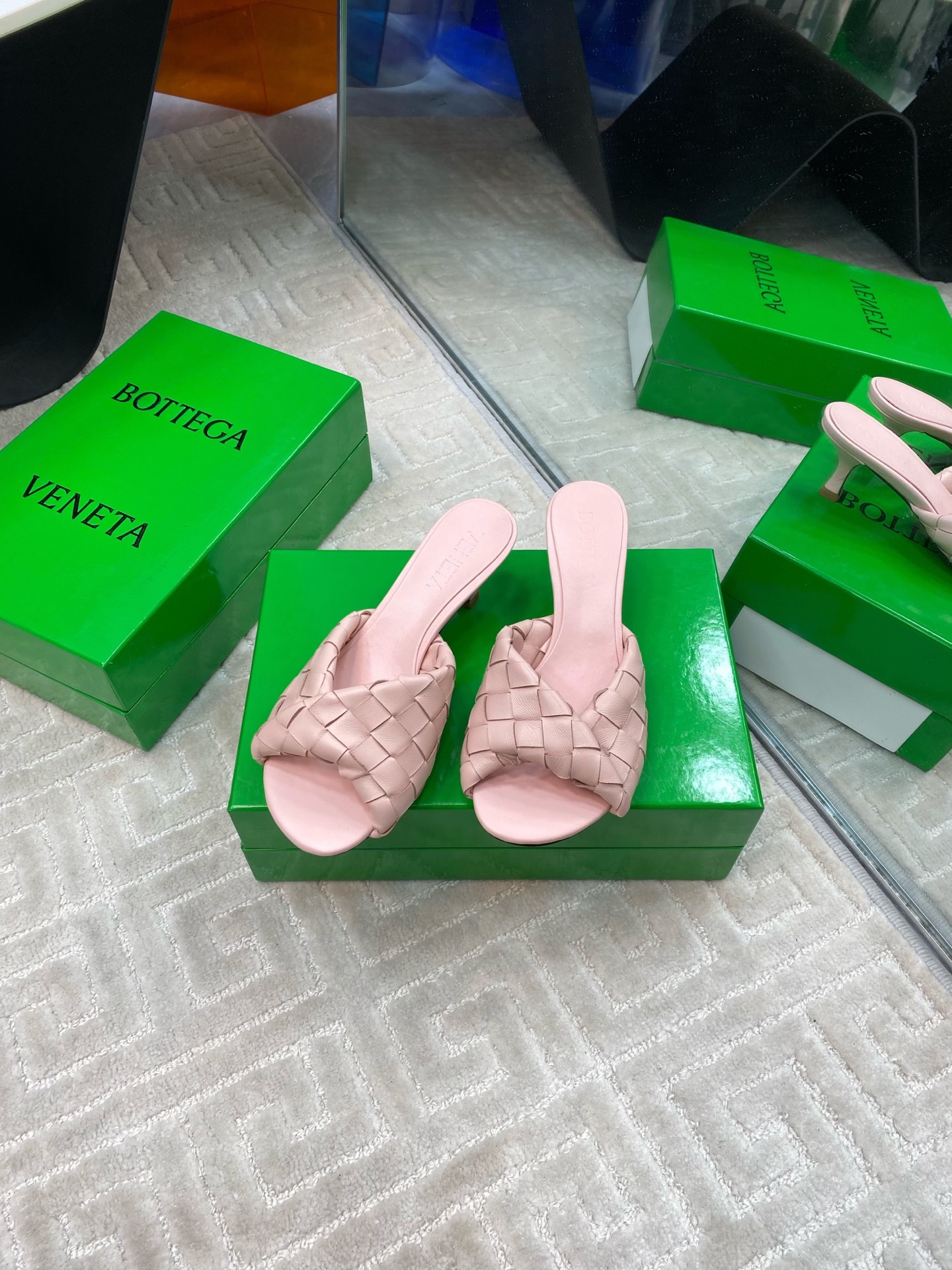 Bottega Veneta Blink Leather Woven Heeled Sandals Mules Slides, Pink 3 i1741284812656 5056 0 0