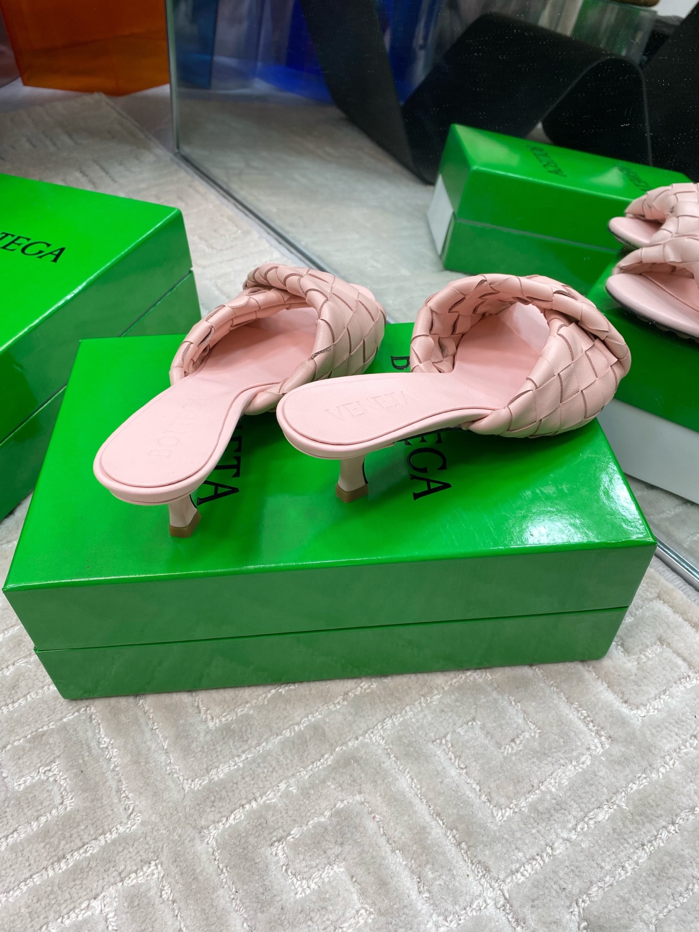 Bottega Veneta Blink Leather Woven Heeled Sandals Mules Slides, Pink 8 i1741284812664 4174 0 6