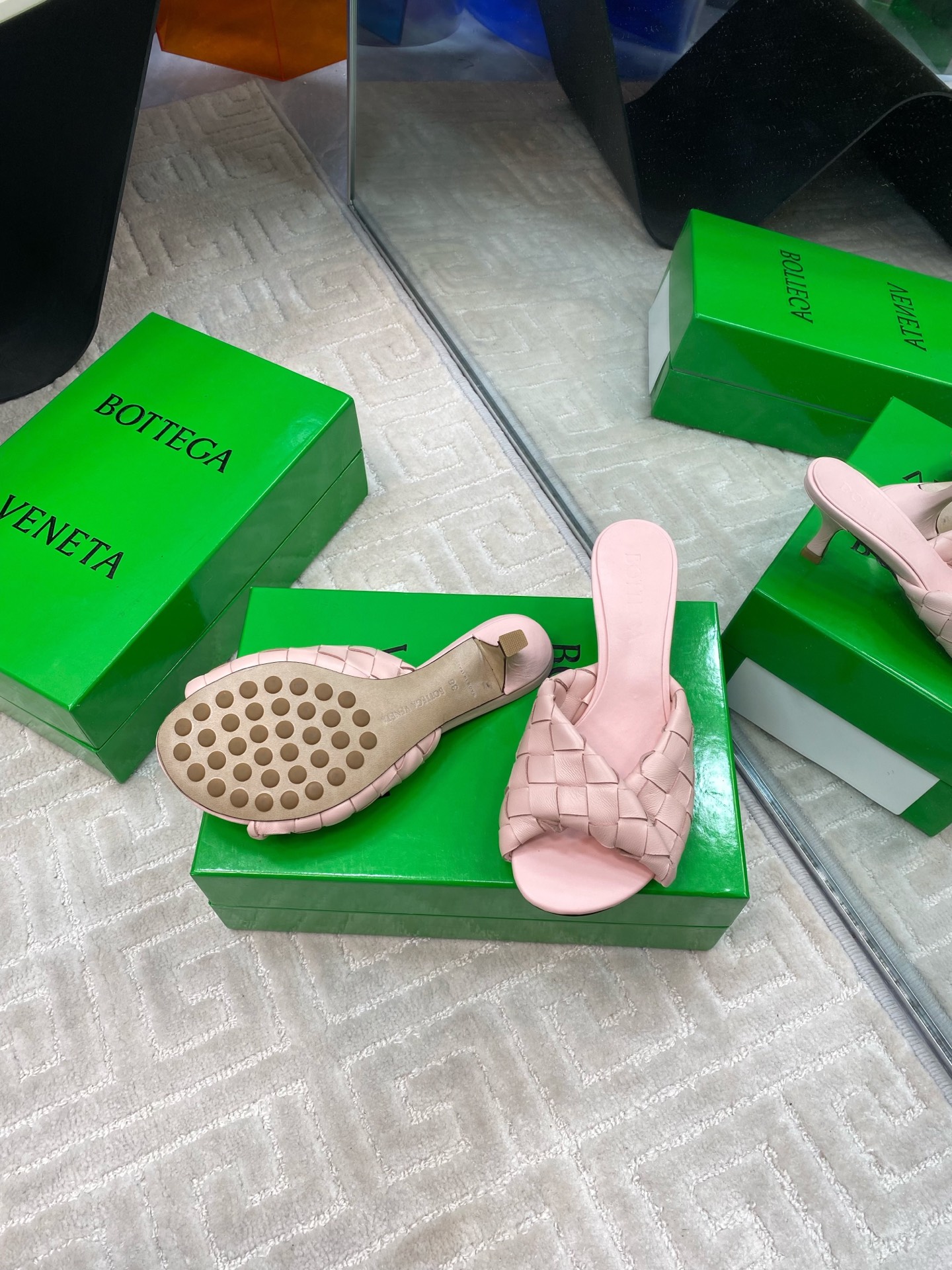 Bottega Veneta Blink Leather Woven Heeled Sandals Mules Slides, Pink 9 i1741284813629 9802 0 7