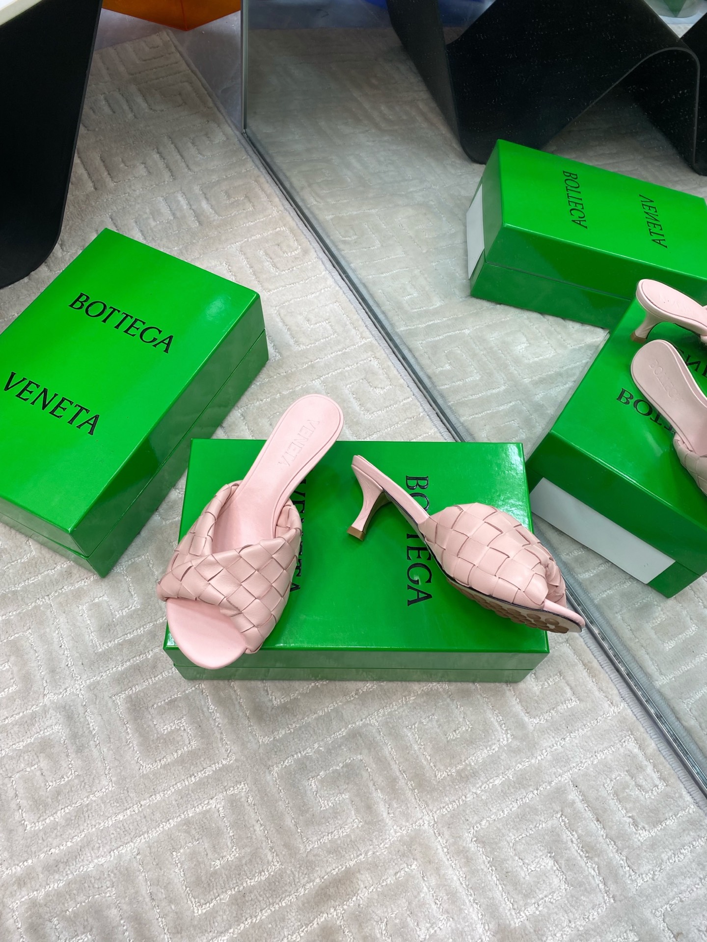 Bottega Veneta Blink Leather Woven Heeled Sandals Mules Slides, Pink 2 i1741284813631 2955 0 4