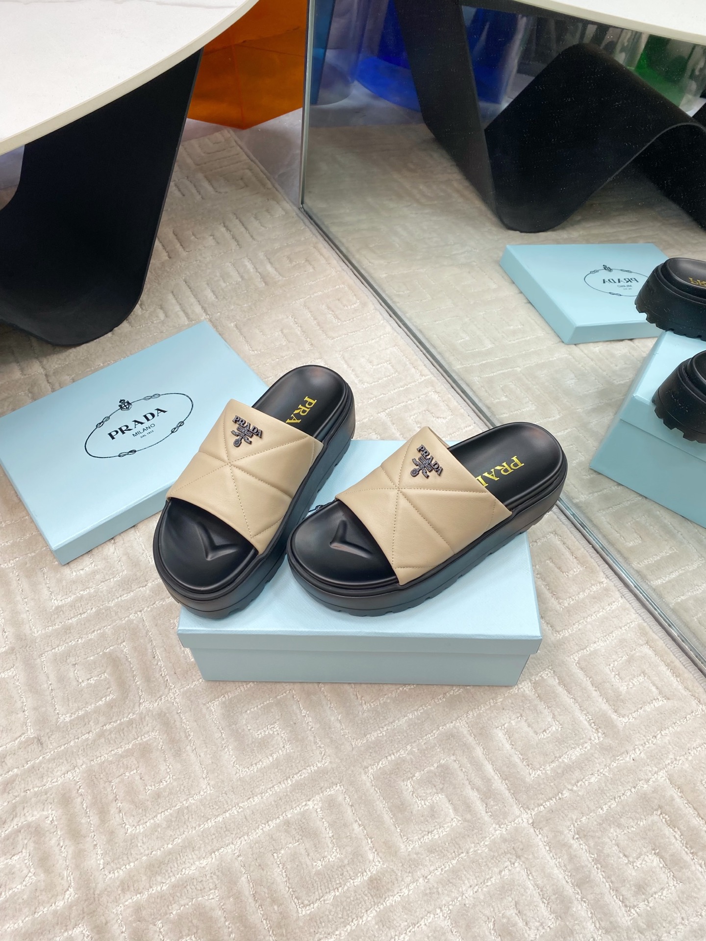 Prada New Beige Quilted Nappa Leather Platform Slide Sandals - Iconic Style 2 i1741329049141 3873 0 1