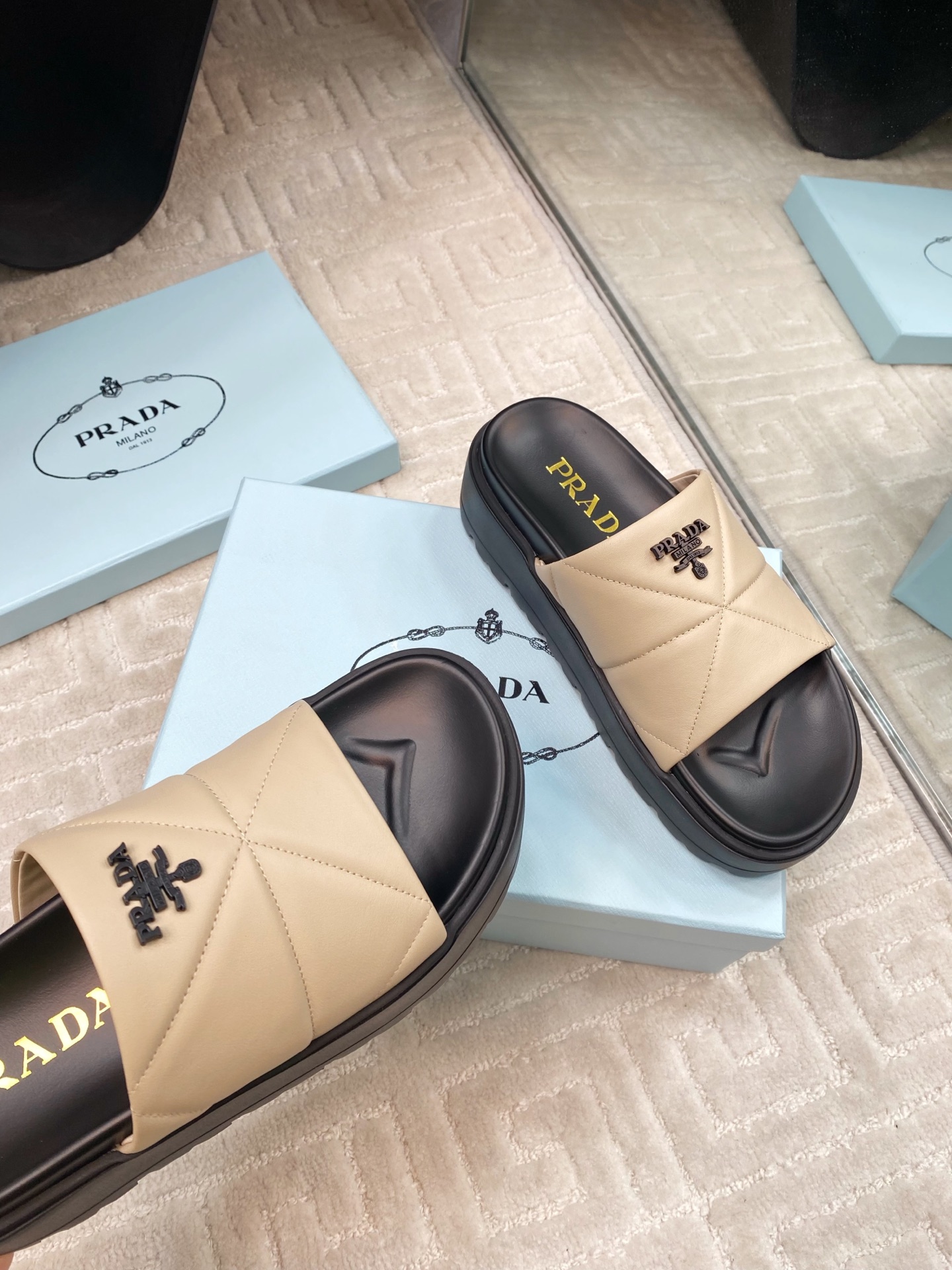Prada New Beige Quilted Nappa Leather Platform Slide Sandals - Iconic Style 7 i1741329049317 4051 0 5