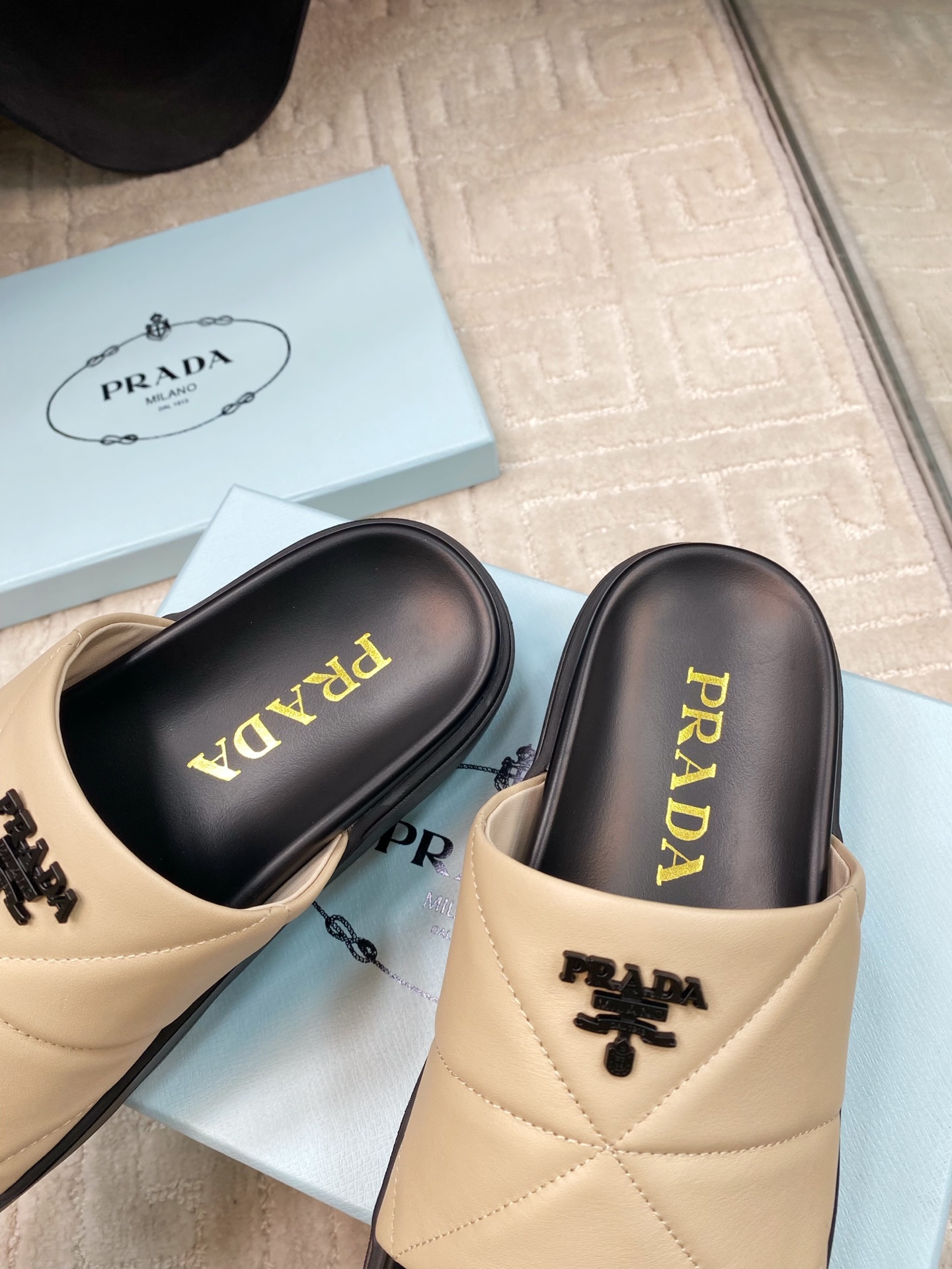 Prada New Beige Quilted Nappa Leather Platform Slide Sandals - Iconic Style 9 i1741329049324 6866 0 7