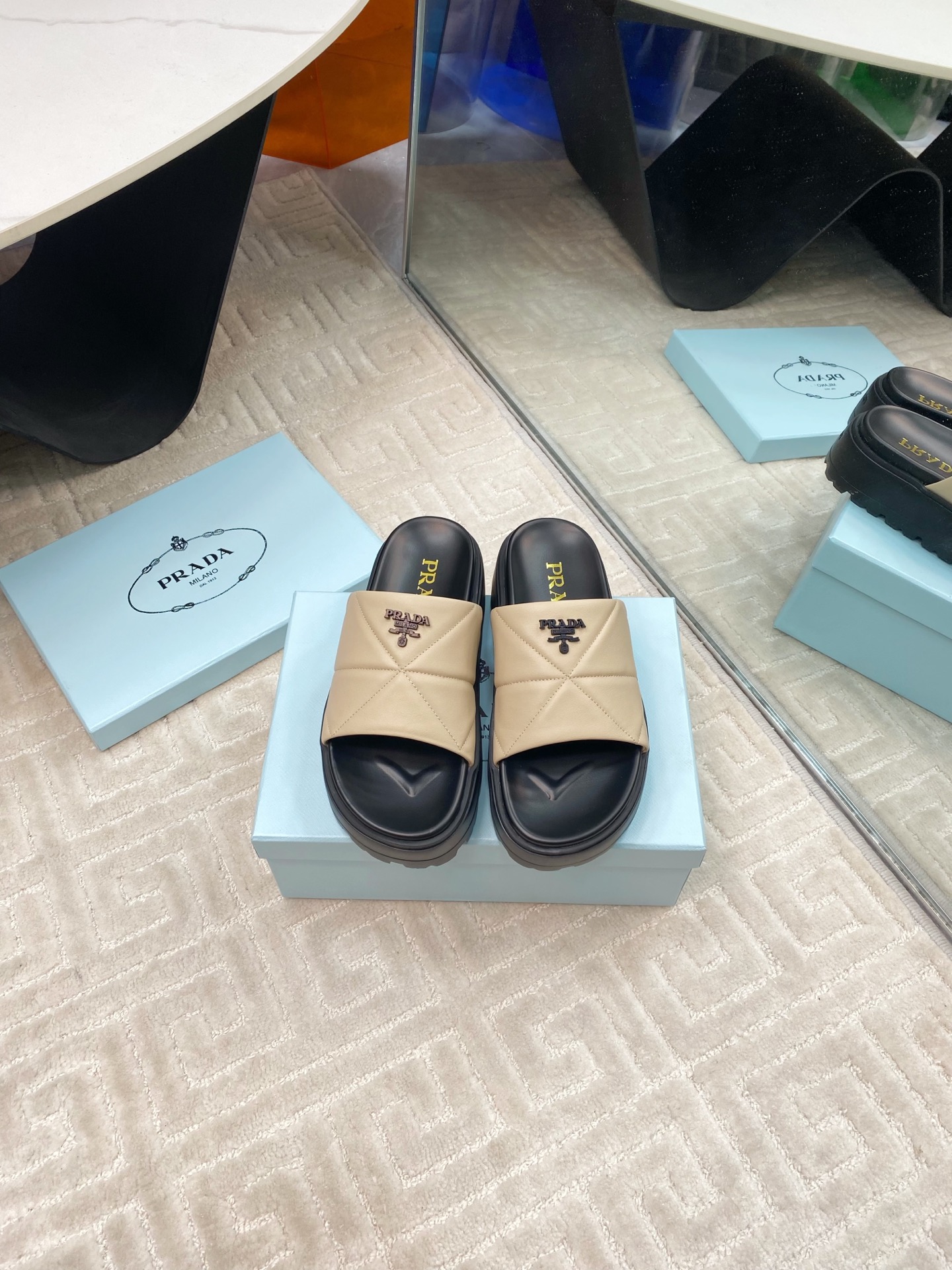 Prada New Beige Quilted Nappa Leather Platform Slide Sandals - Iconic Style 3 i1741329052626 4063 0 0