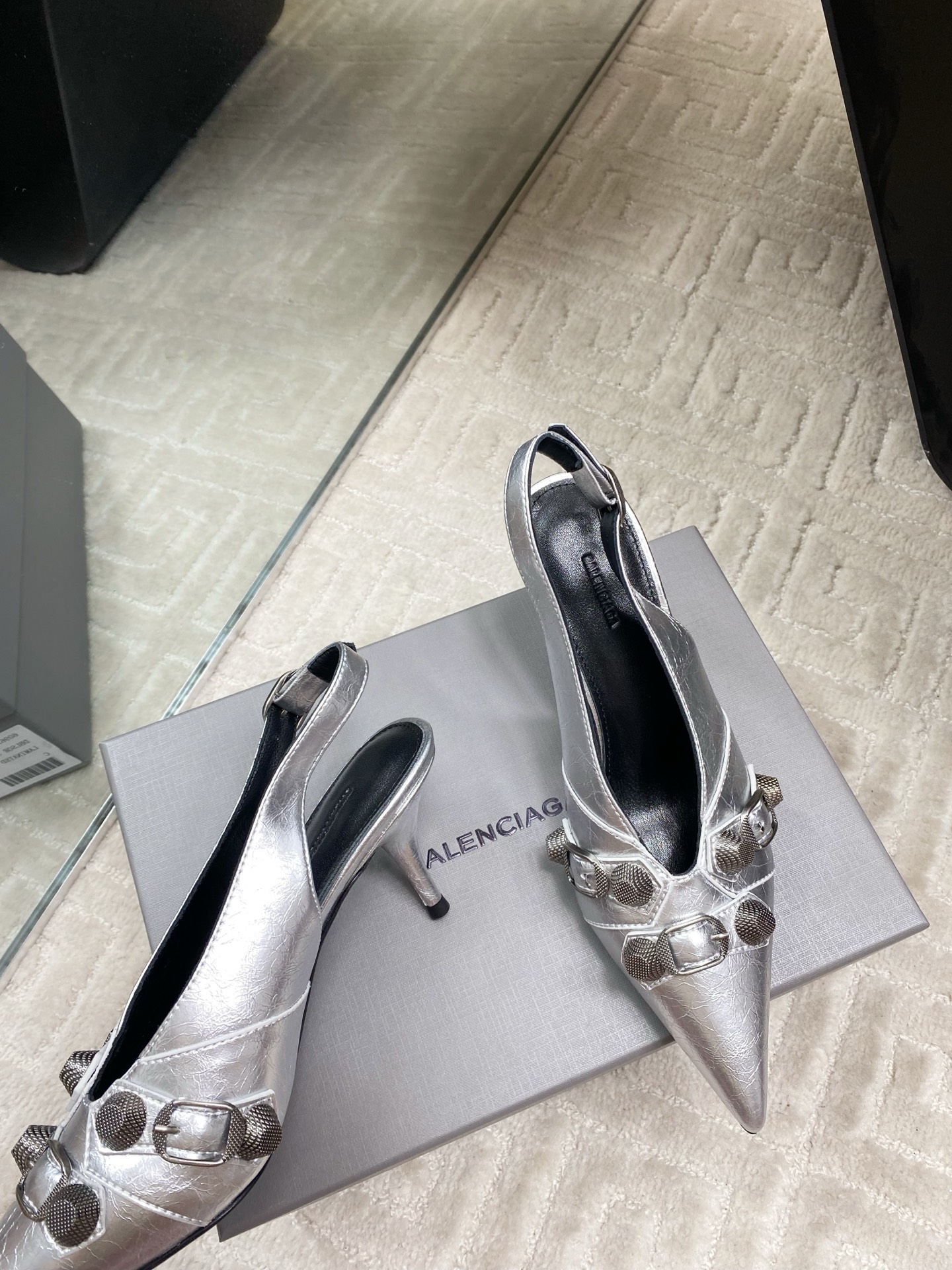 Balenciaga Pointed Toe Slingback Heeled Punk Sandals - Silver Leather 9 i1744654689140 8171 0 7
