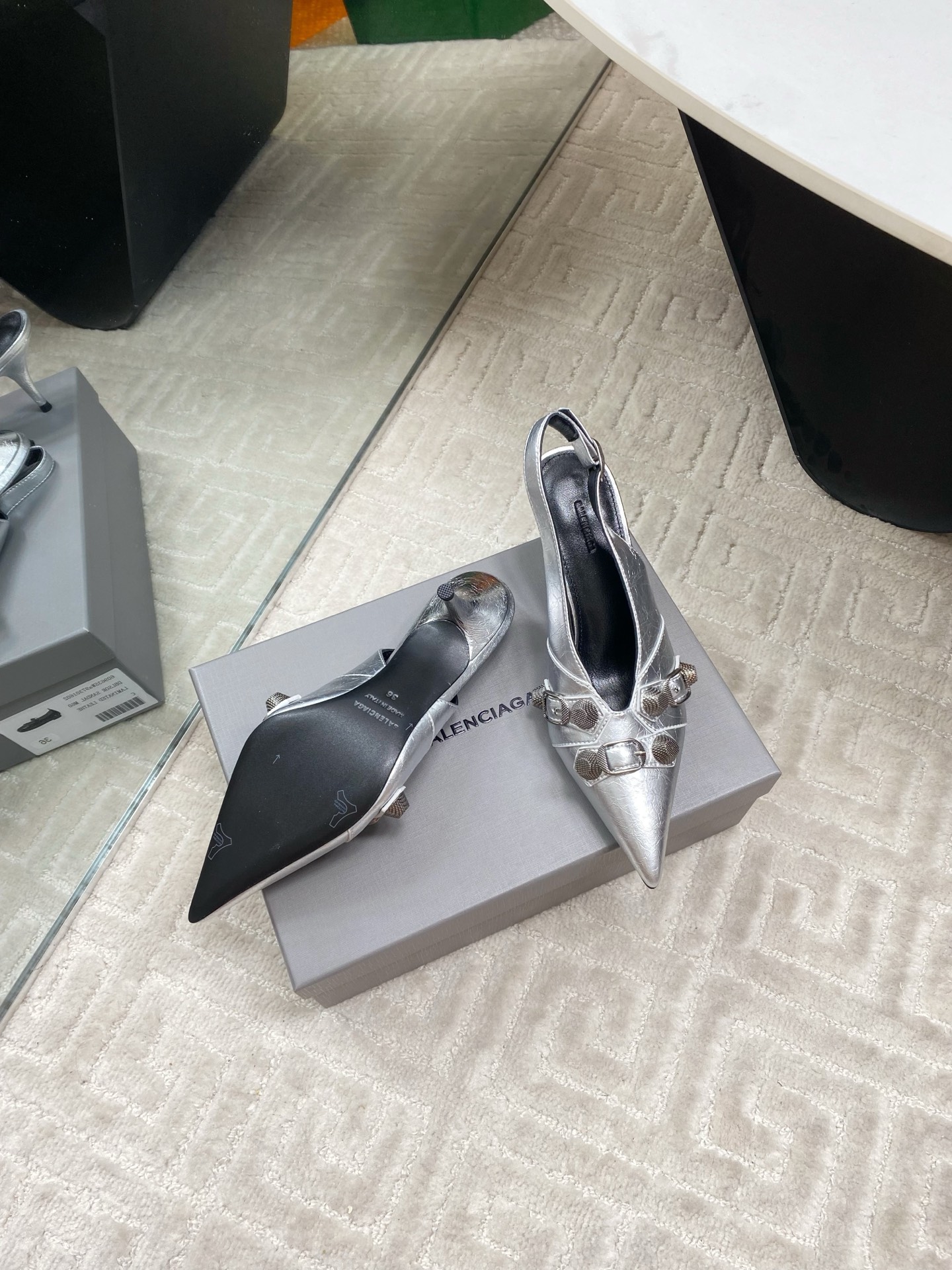 Balenciaga Pointed Toe Slingback Heeled Punk Sandals - Silver Leather 10 i1744654690807 124 0 8