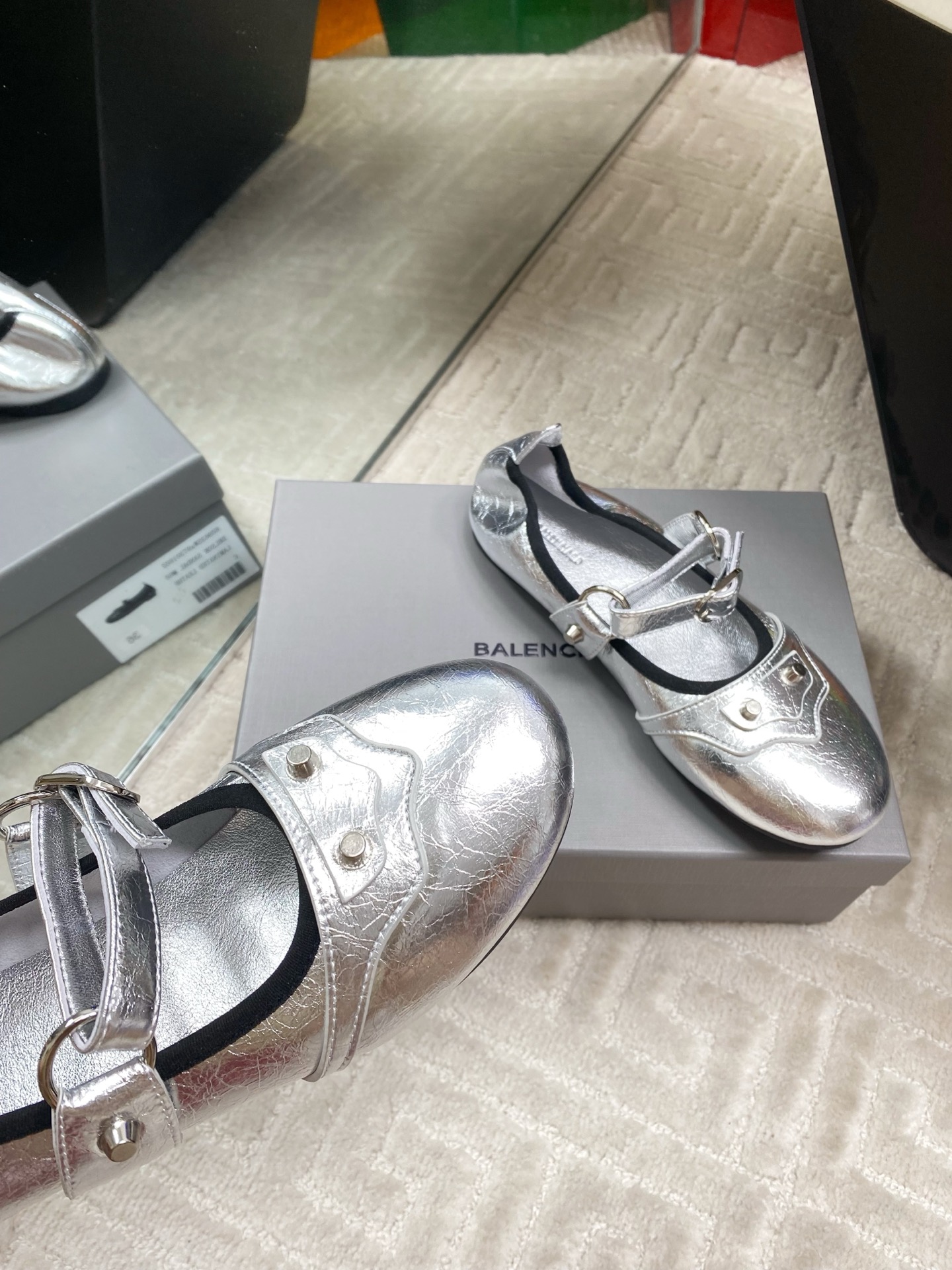 Balenciaga Women's Silver Leather Mary Jane Ballet Flats Shoes 9 i1744654787874 9447 0 7
