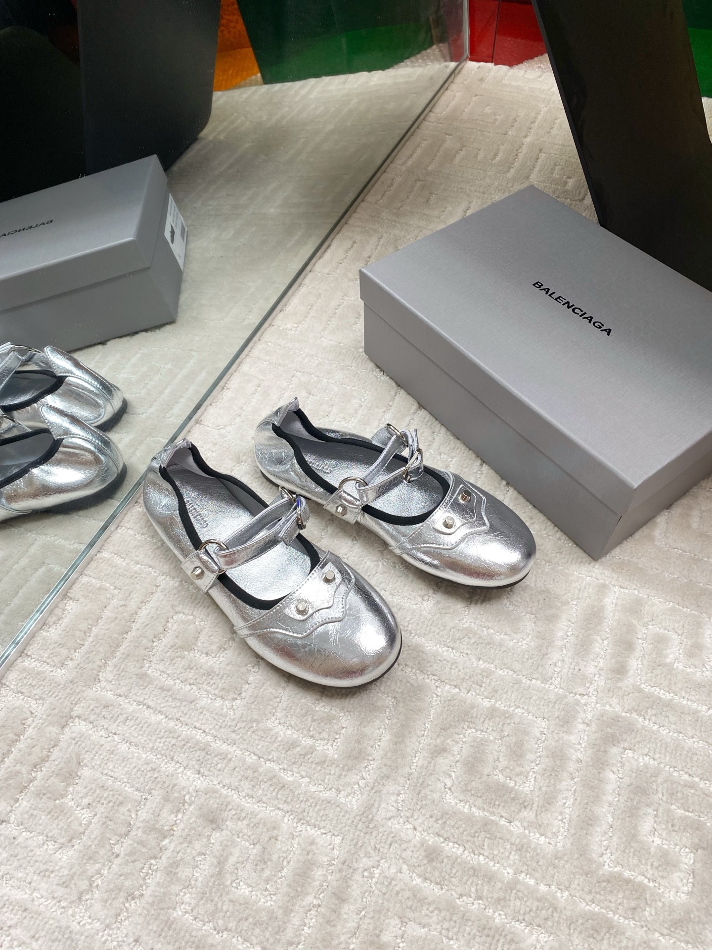 Balenciaga Women's Silver Leather Mary Jane Ballet Flats Shoes 2 i1744654789719 4068 0 1