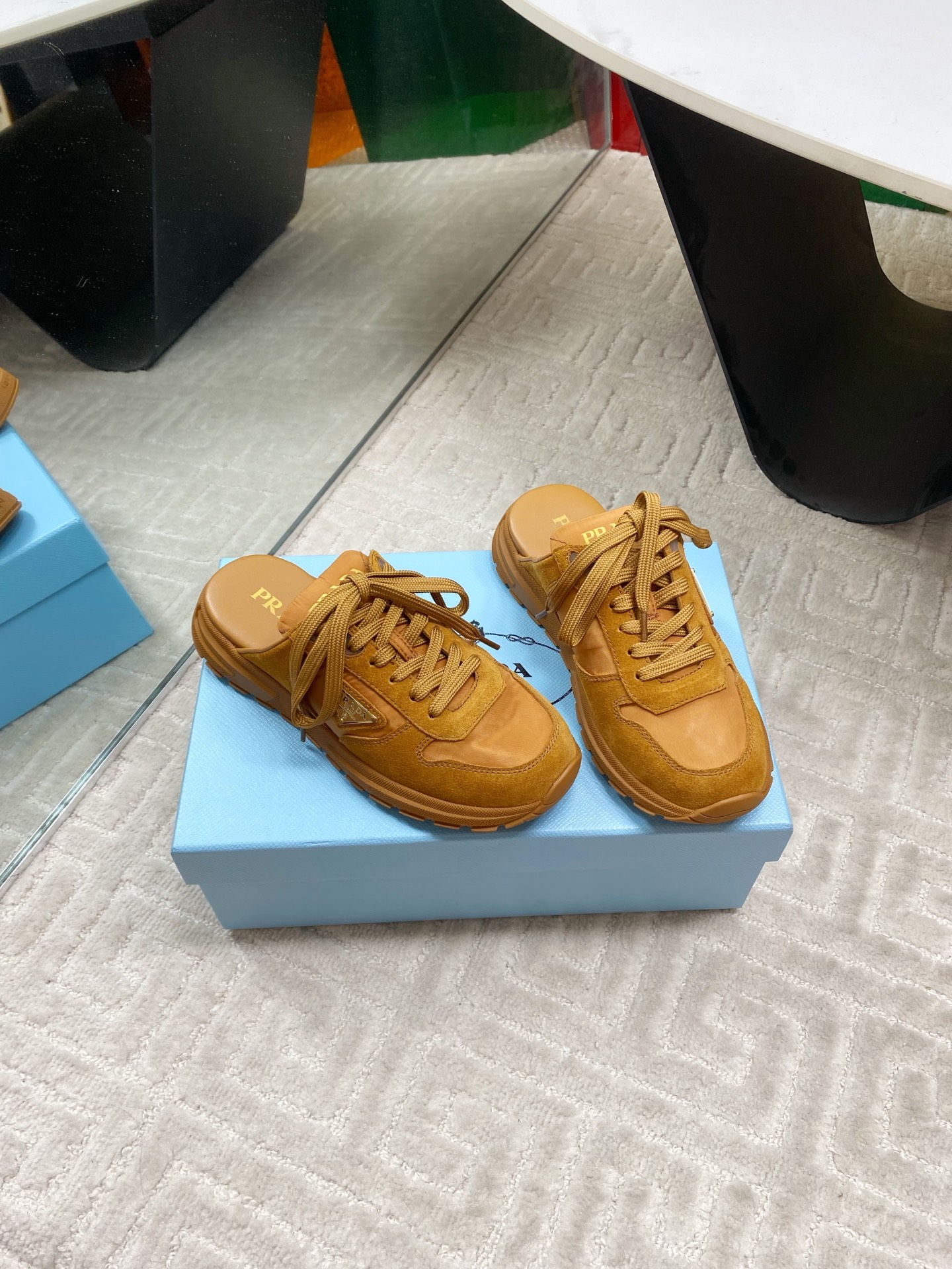 Prada Early Spring New Triangle Logo Thick Bottom Mule Heeled Women's Shoes 1 Prada Early Spring New Triangle Logo Thick Bottom Mule Heeled Women's Shoes