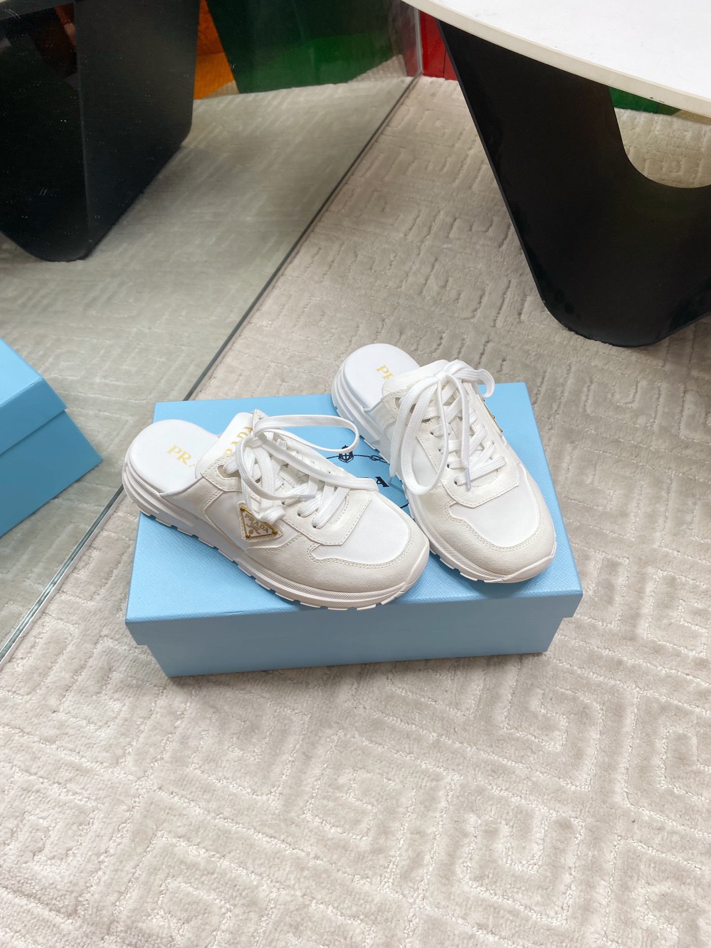 Prada Women's Early Spring White Leather & Suede Platform Mule Sneakers 1 Prada Women's Early Spring White Leather & Suede Platform Mule Sneakers